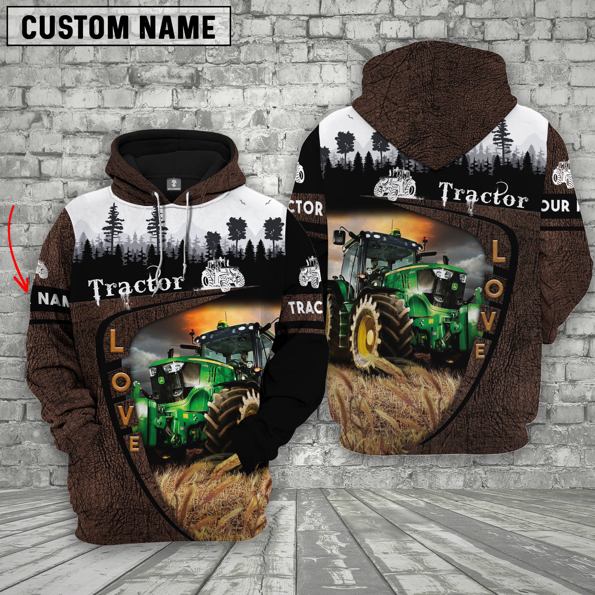 Tractor On Farms Custom Name Printed 3D Wooden Forest Hoodie