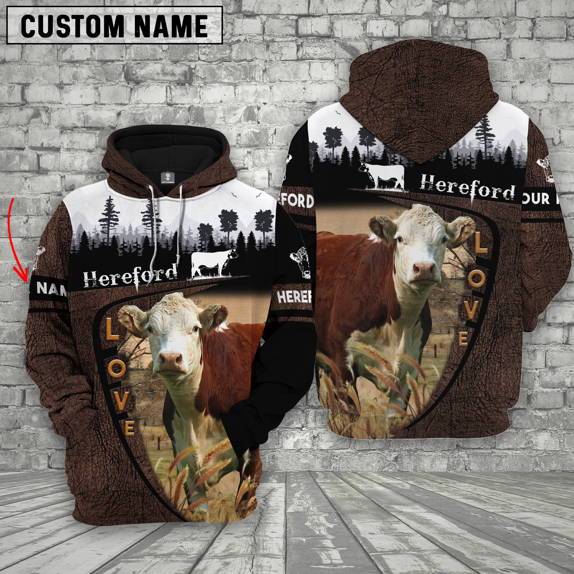 Hereford On Farms Custom Name Printed 3D Wooden Forest Hoodie