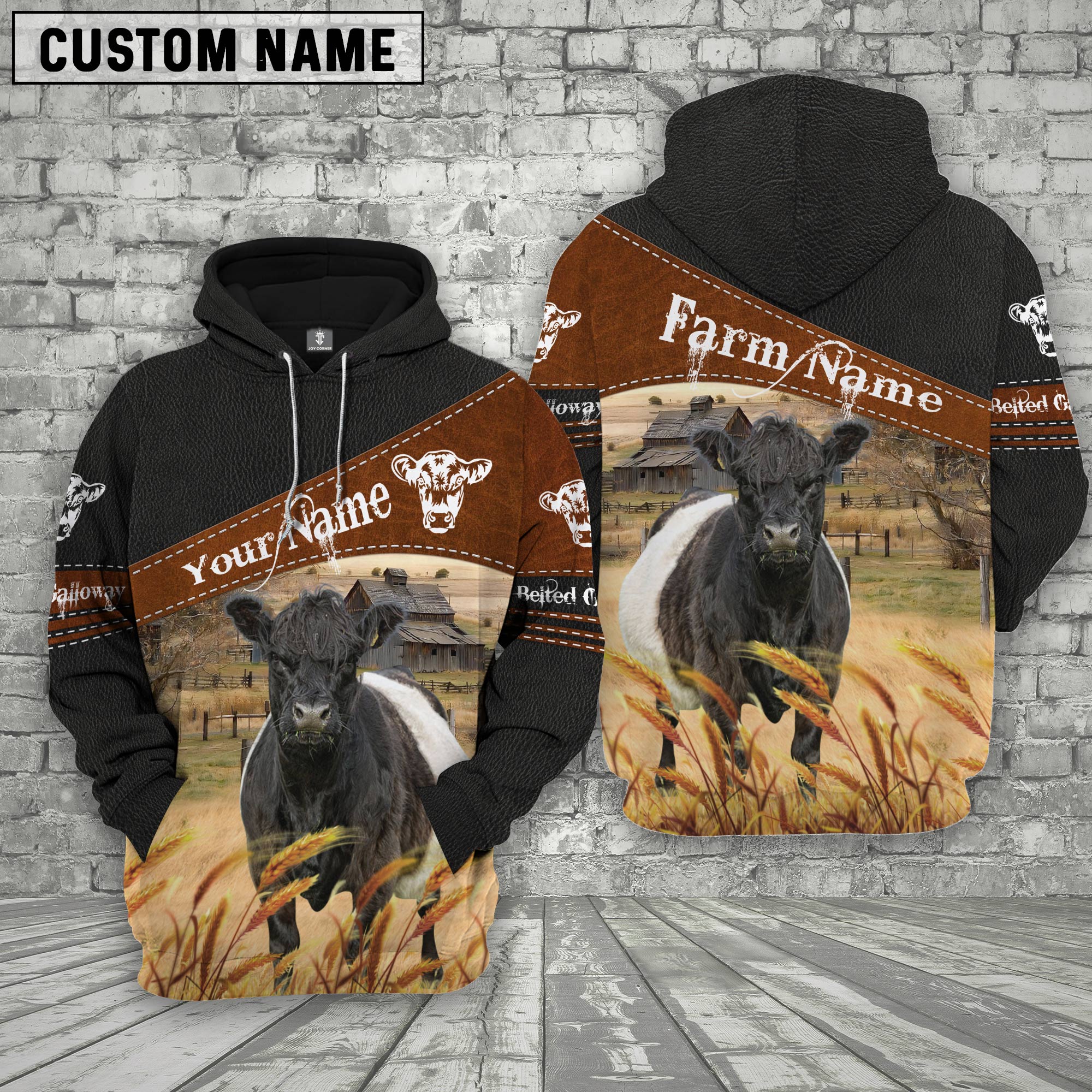 Belted Galloway On Farms Custom Name Printed 3D Black Hoodie