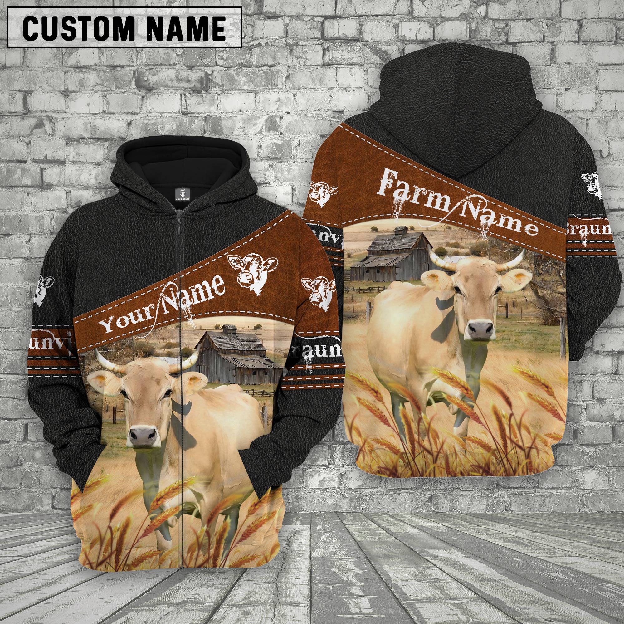 Braunvieh On Farm Custom Name Printed 3D Black Hoodie