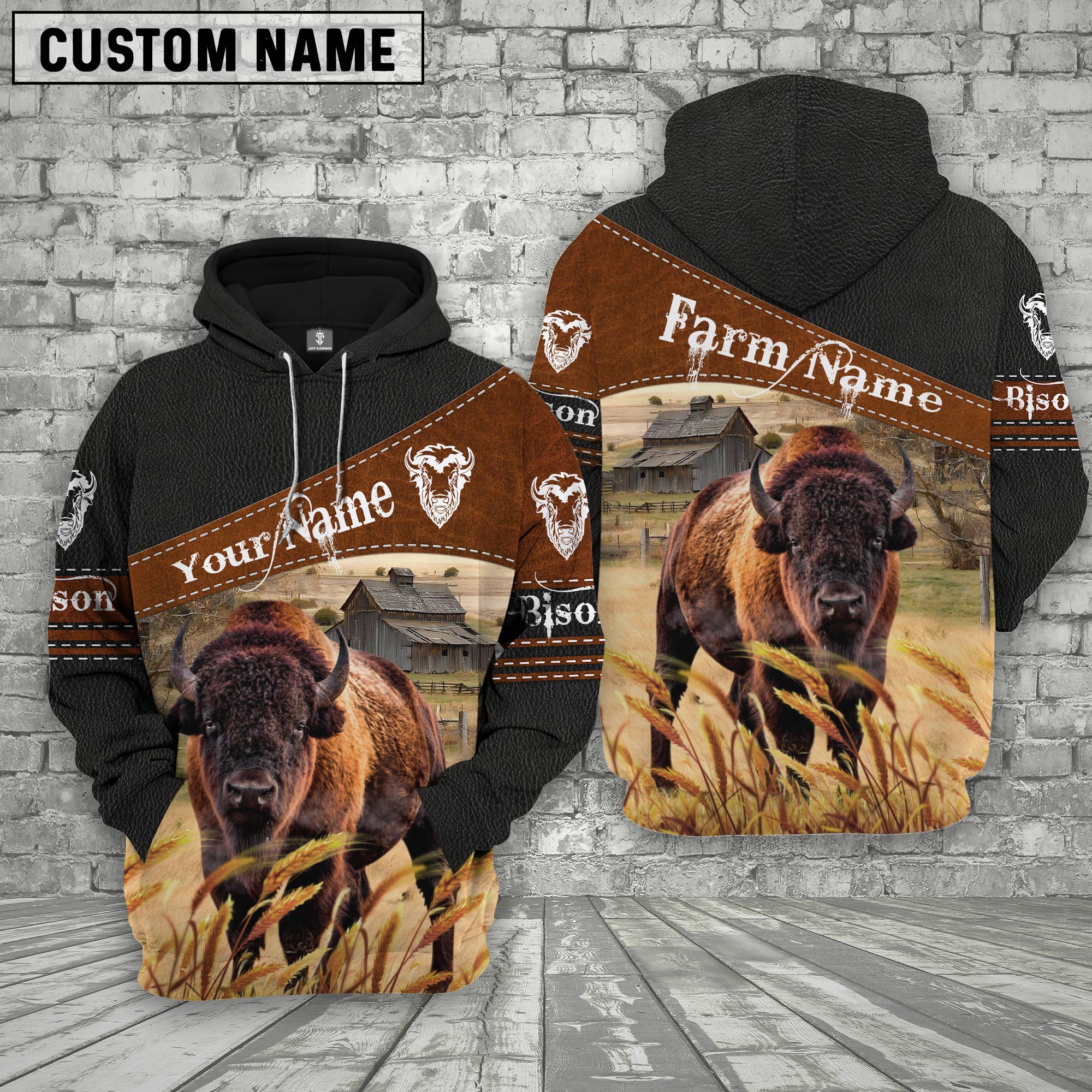 Bison On Farm Custom Name Printed 3D Black Hoodie