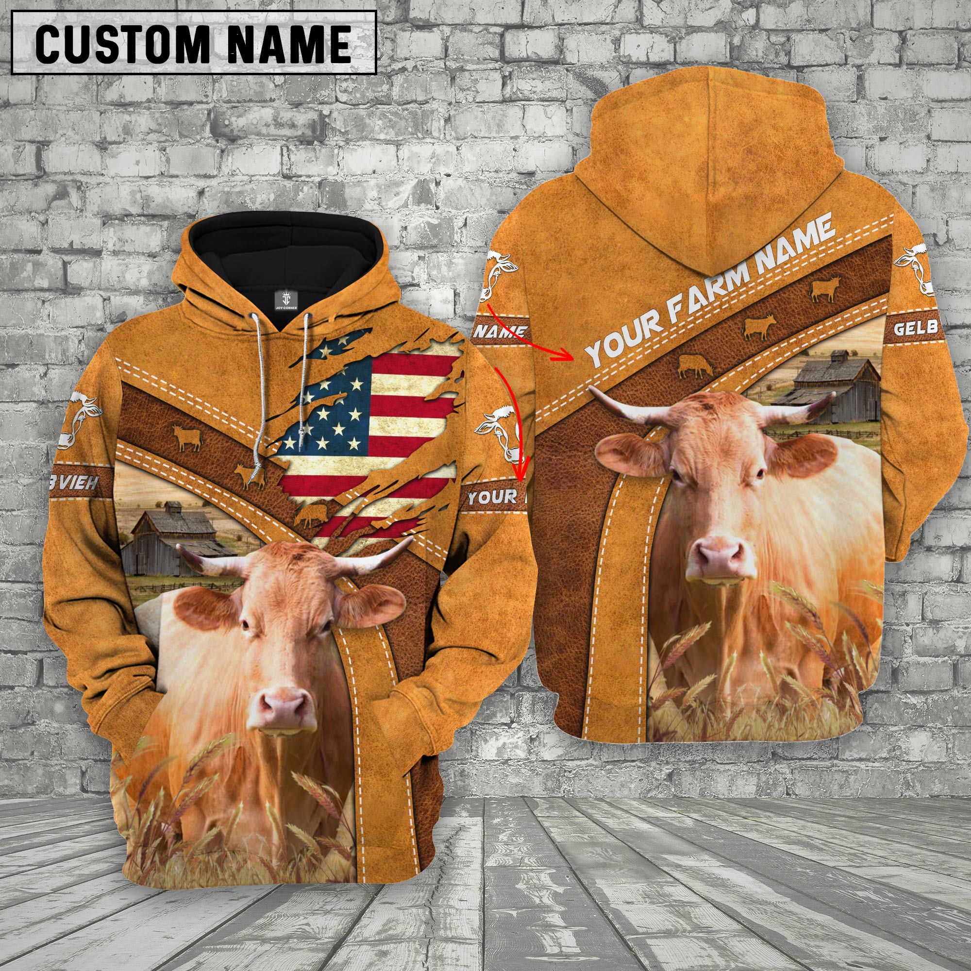 Personalized Name 3D Gelbvieh Flag Hoodie