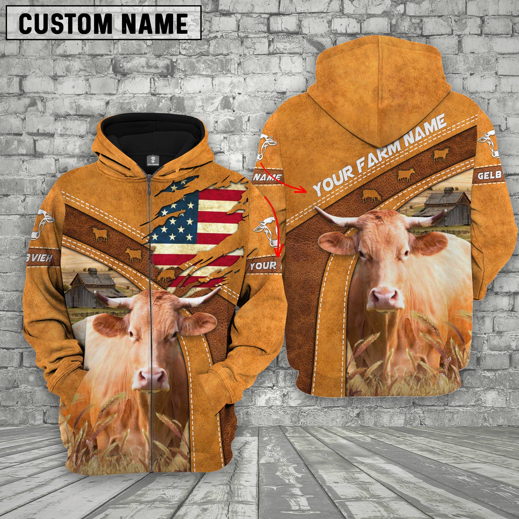 Personalized Name 3D Gelbvieh Flag Hoodie