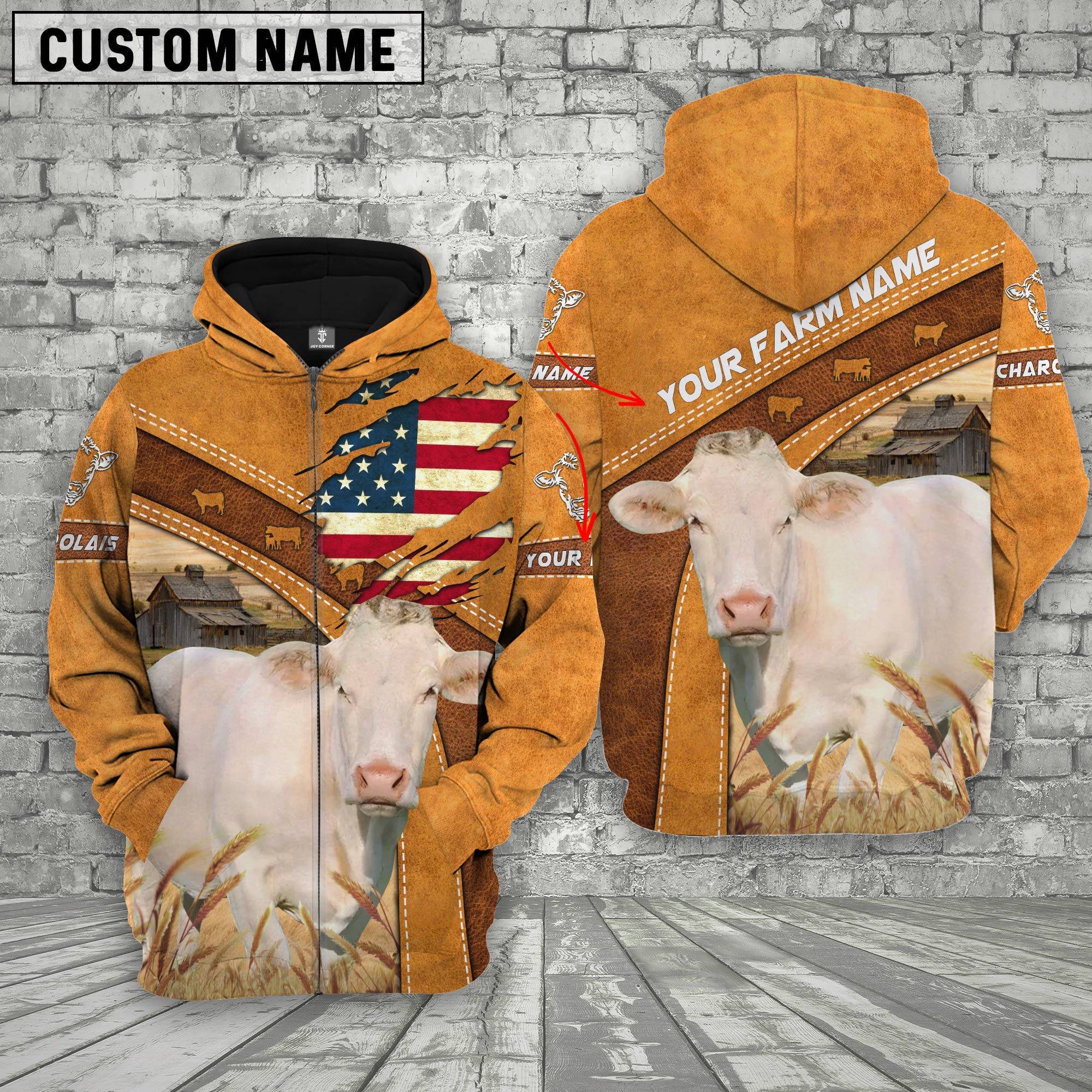 Personalized Name 3D Charolais Flag Hoodie