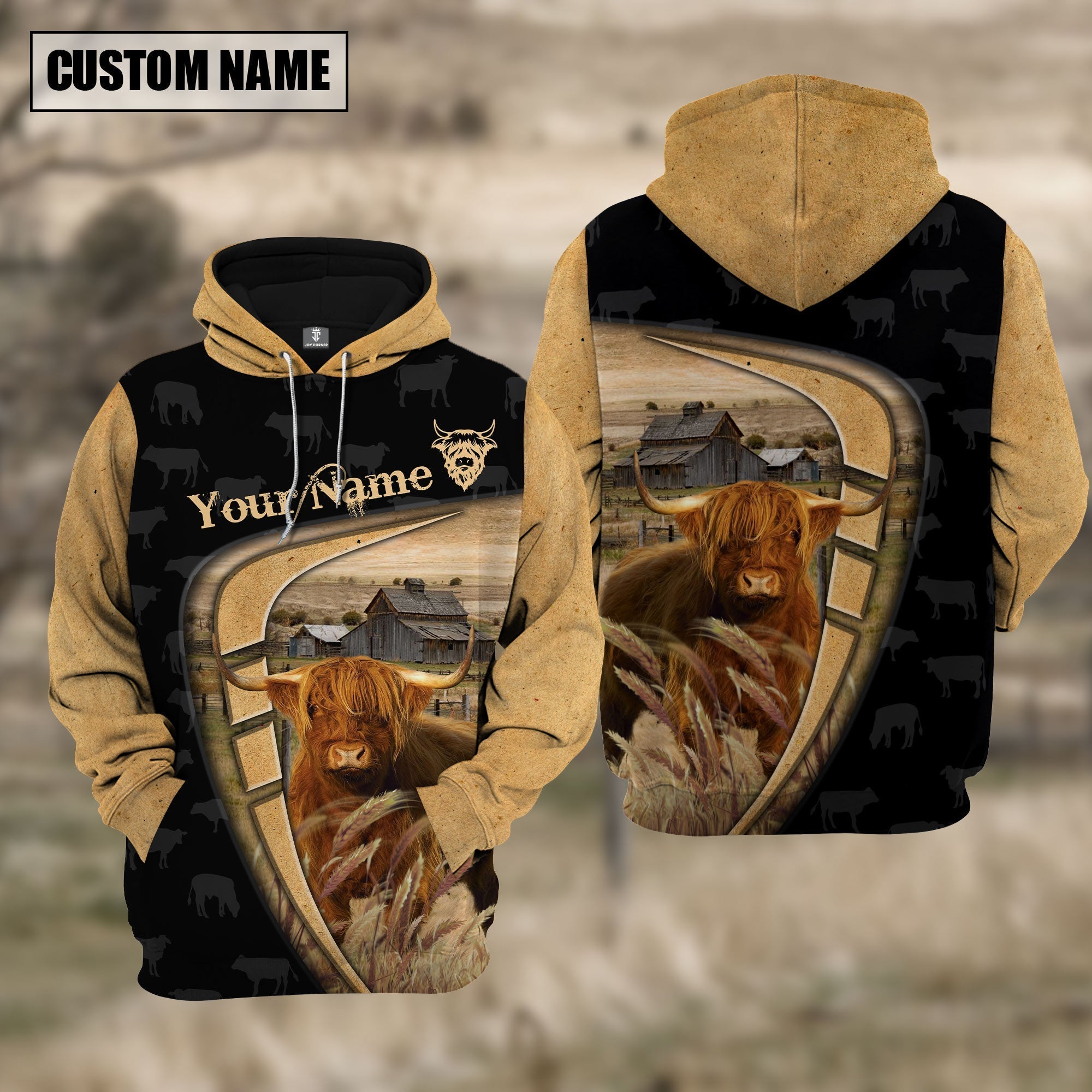 Personalized Name Farm Highland Black Yellow Hoodie