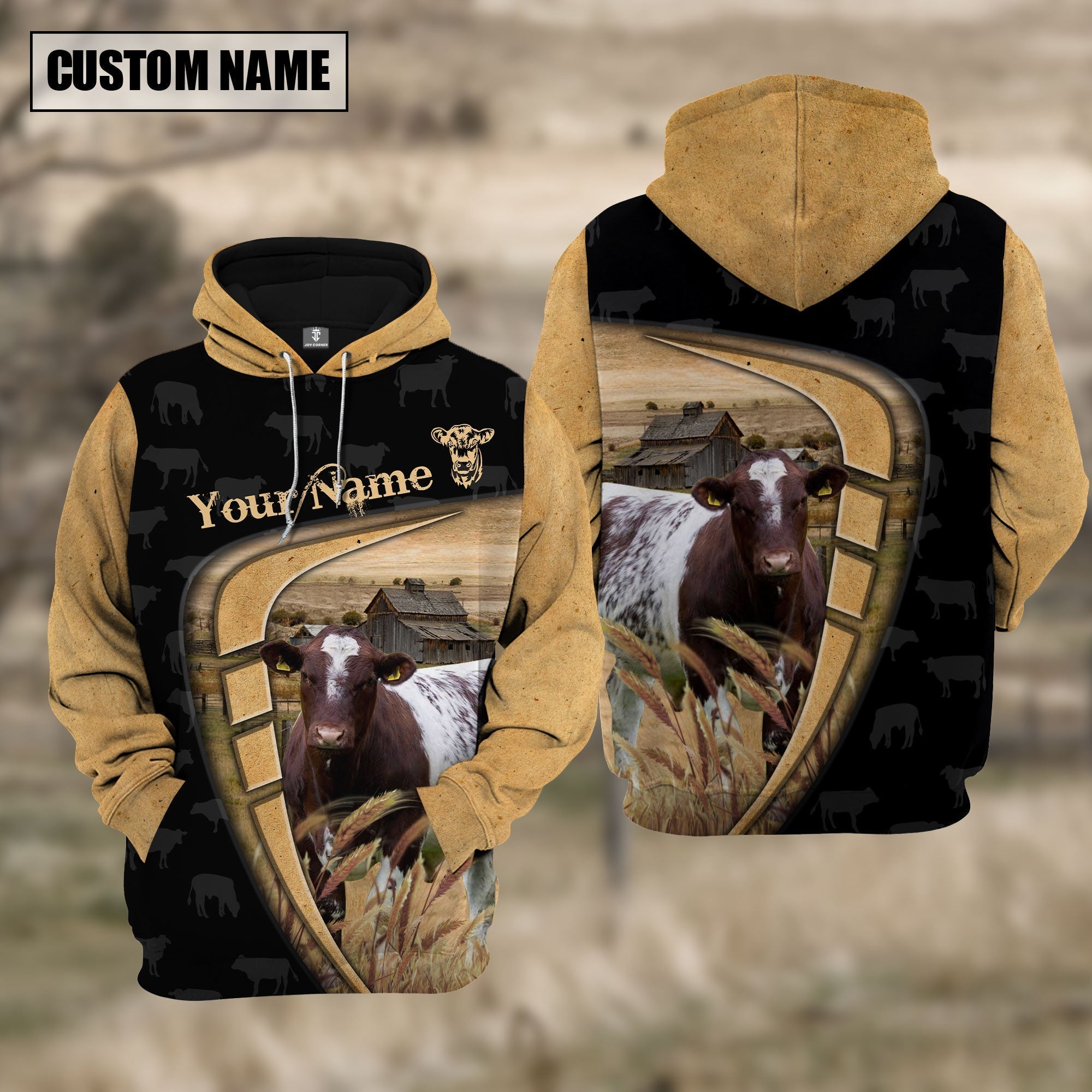 Personalized Name Farm Shorthorn Black Yellow Hoodie
