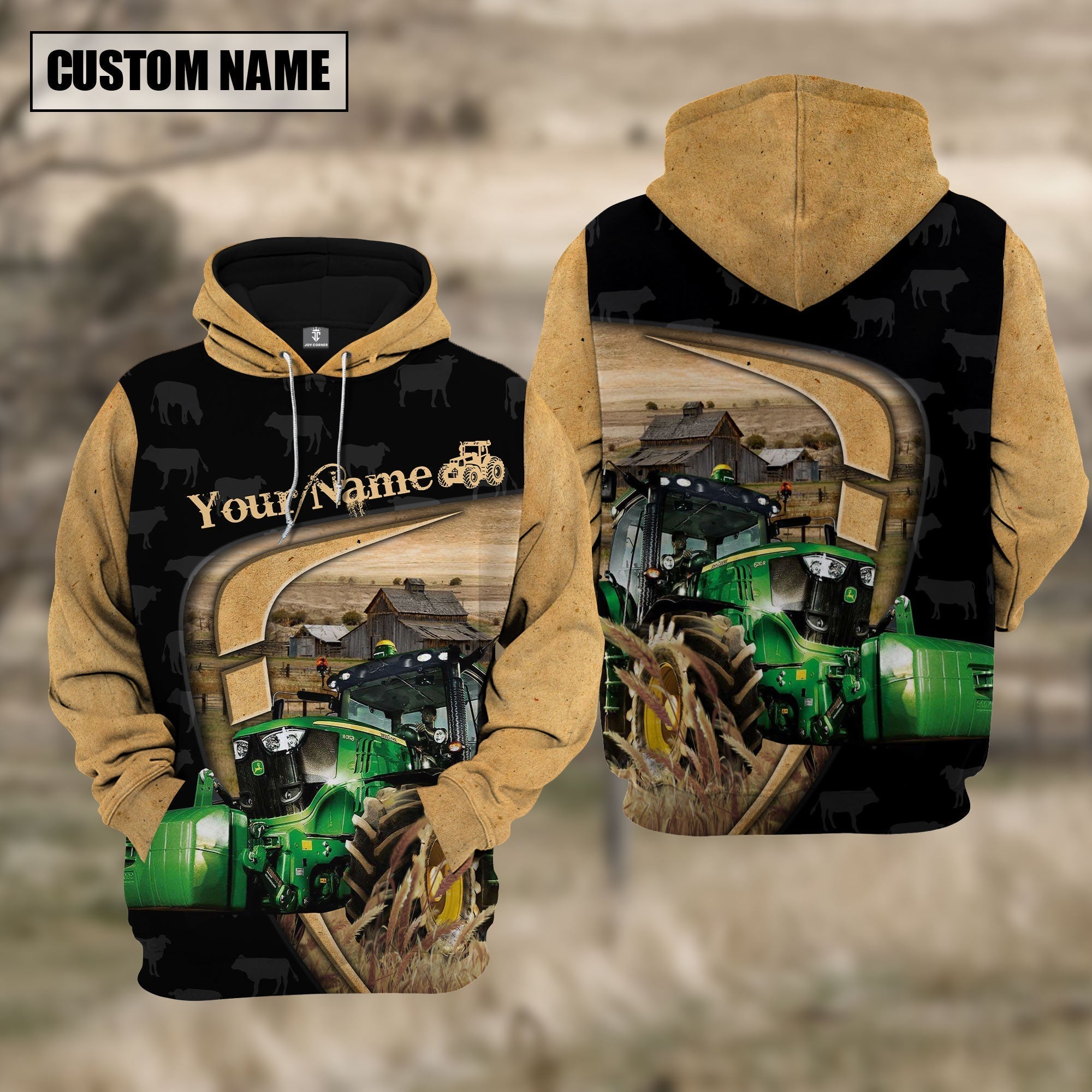 Personalized Name Farm Tractor Black Yellow Hoodie