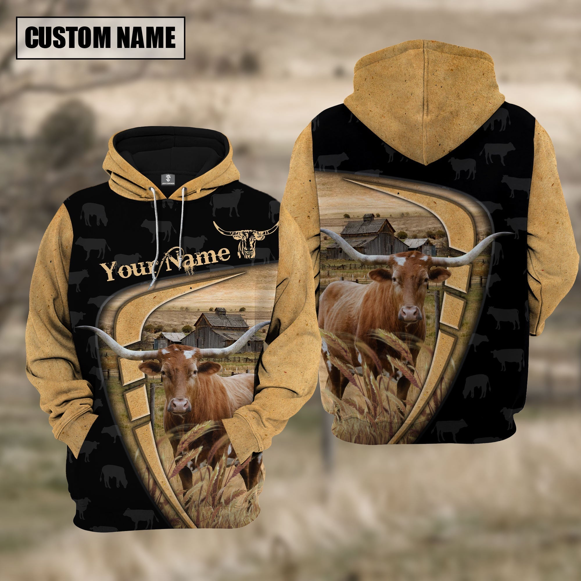 Personalized Name Farm Texas Longhorn Black Yellow Hoodie