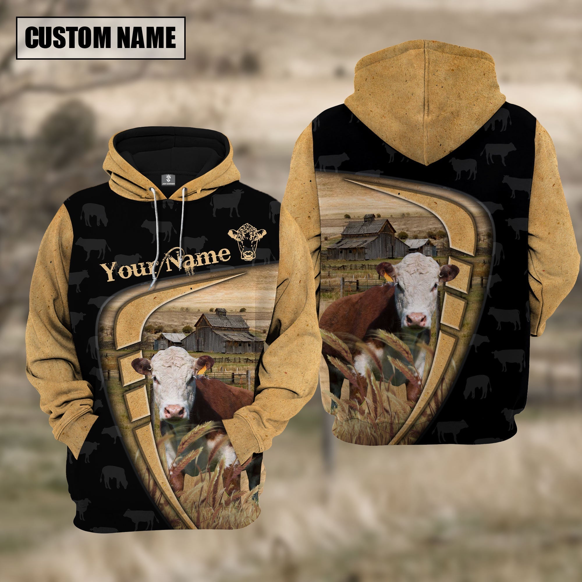 Personalized Name Farm Hereford Black Yellow Hoodie