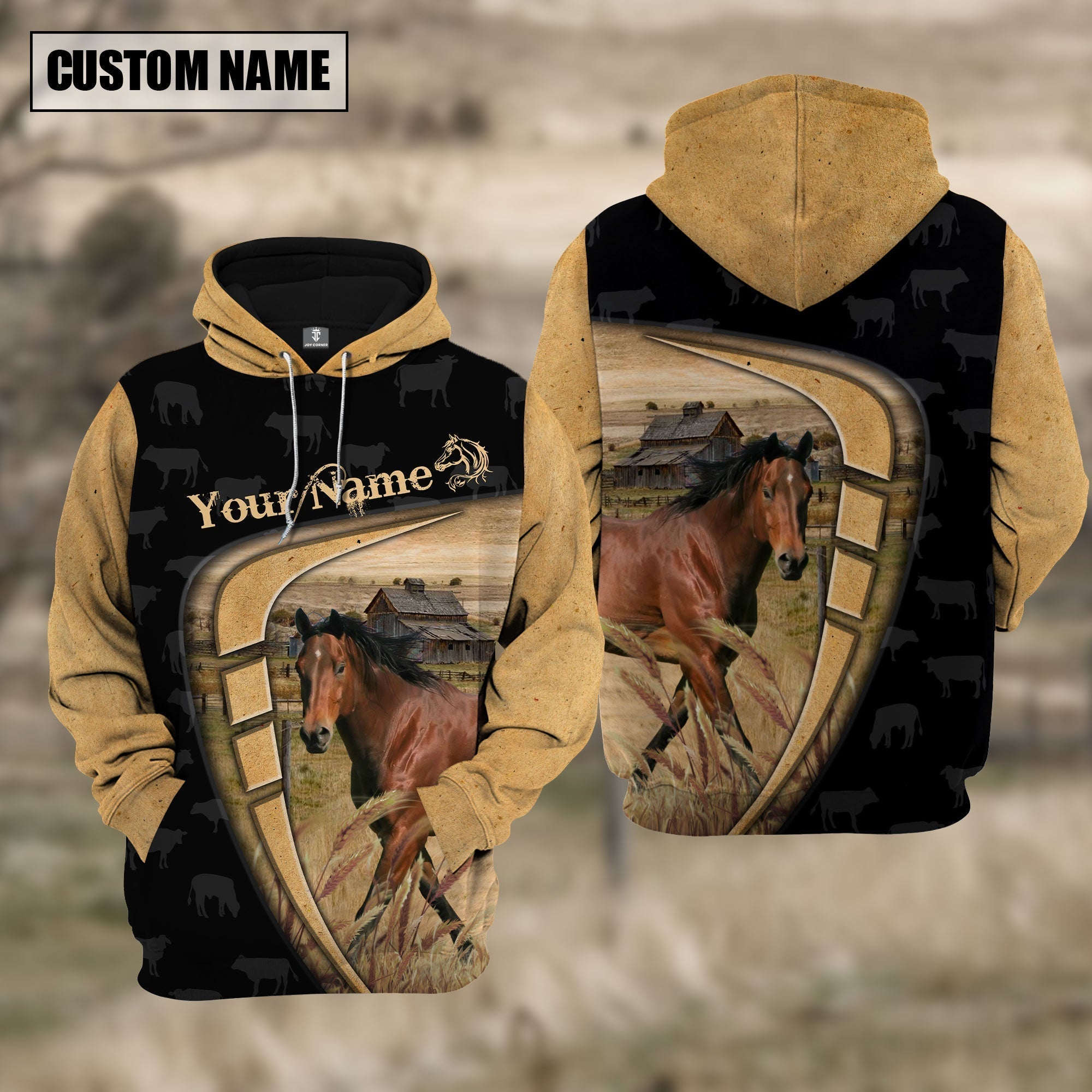 Personalized Name Farm Horse Black Yellow Hoodie