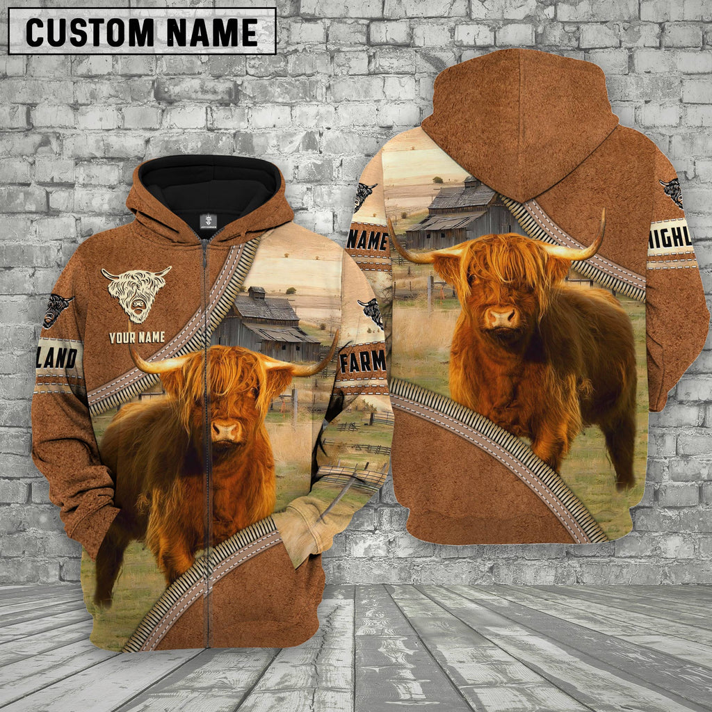 Personalized Name Farm Highland Cattle Light Brown Hoodie
