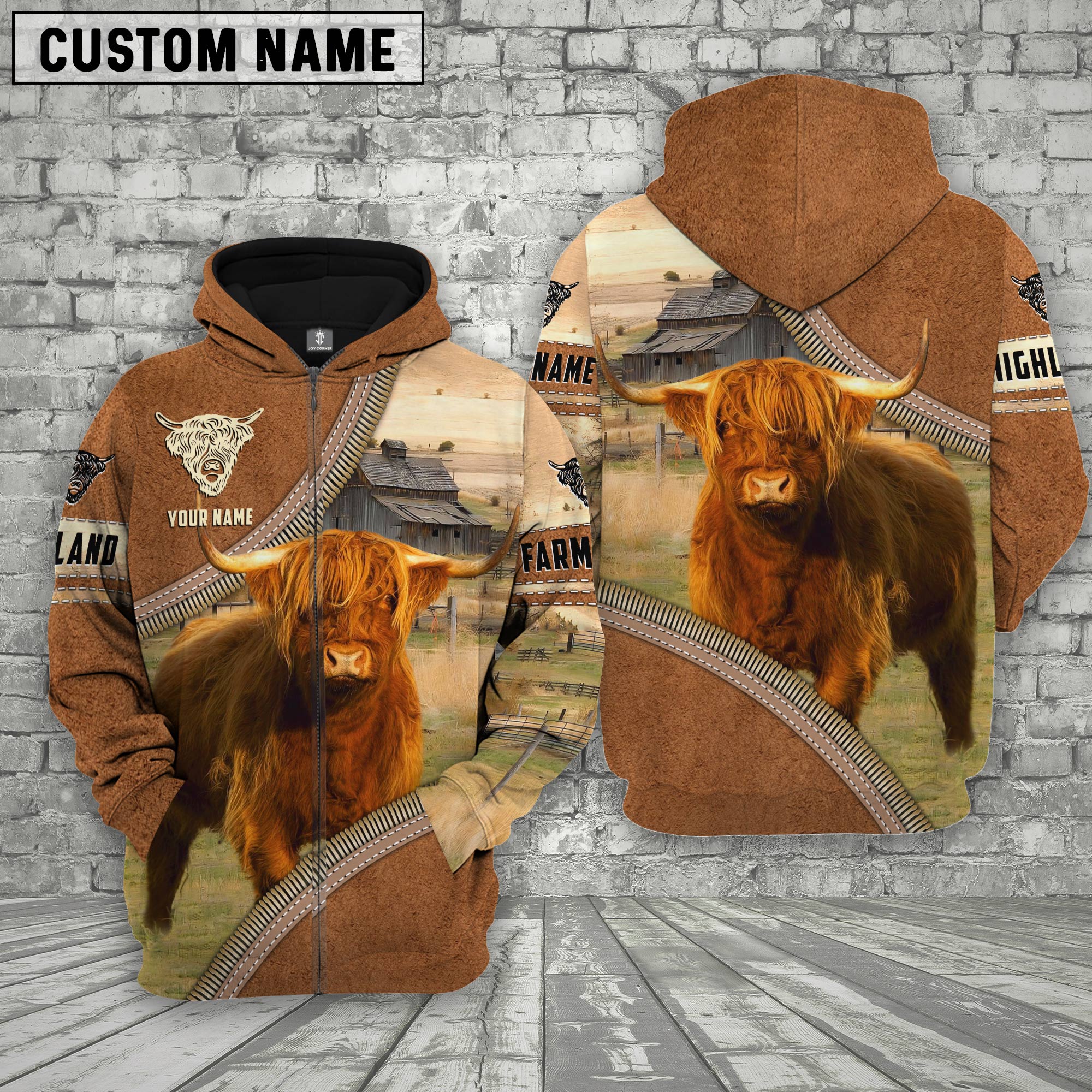 Personalized Name Farm Highland Cattle Light Brown Hoodie