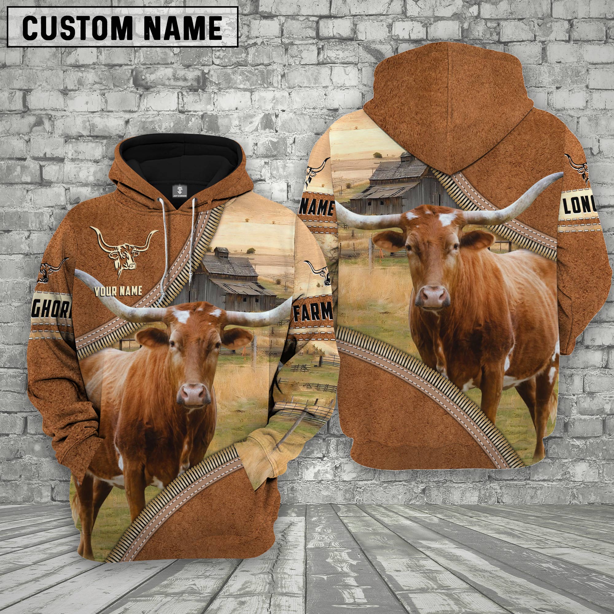 Personalized Name Farm Texas Longhorn Cattle Light Brown Hoodie