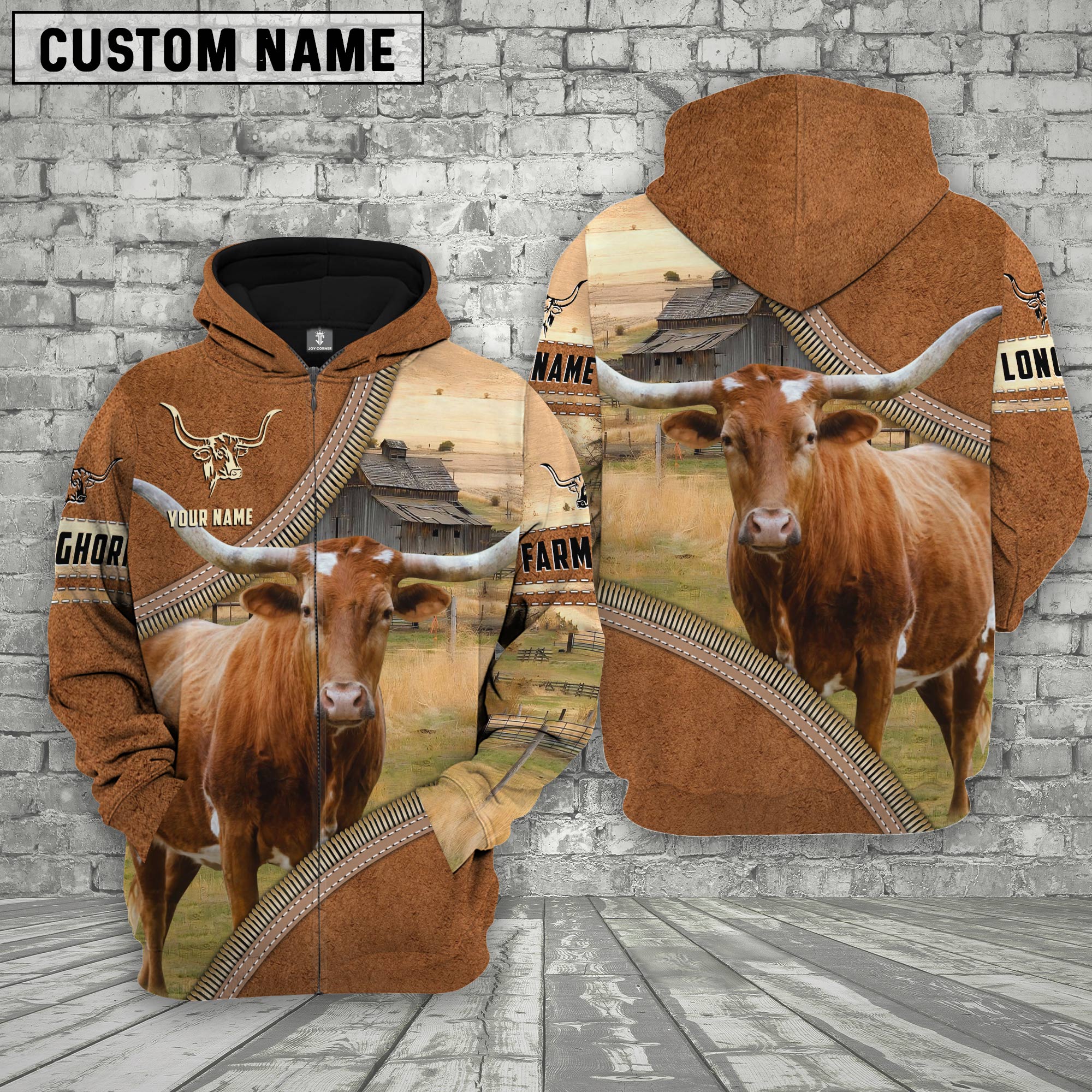 Personalized Name Farm Texas Longhorn Cattle Light Brown Hoodie