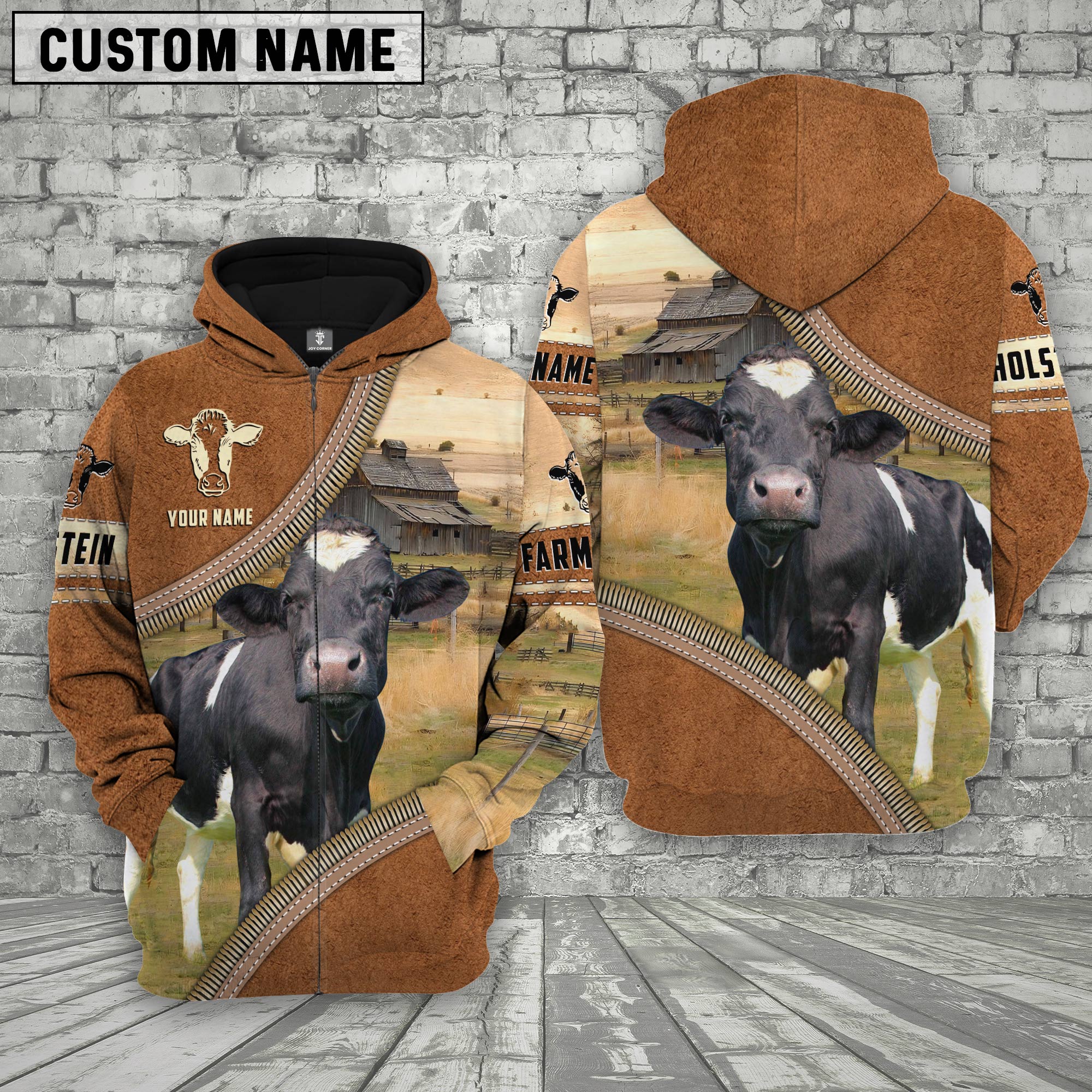 Personalized Name Farm Holstein Cattle Light Brown Hoodie