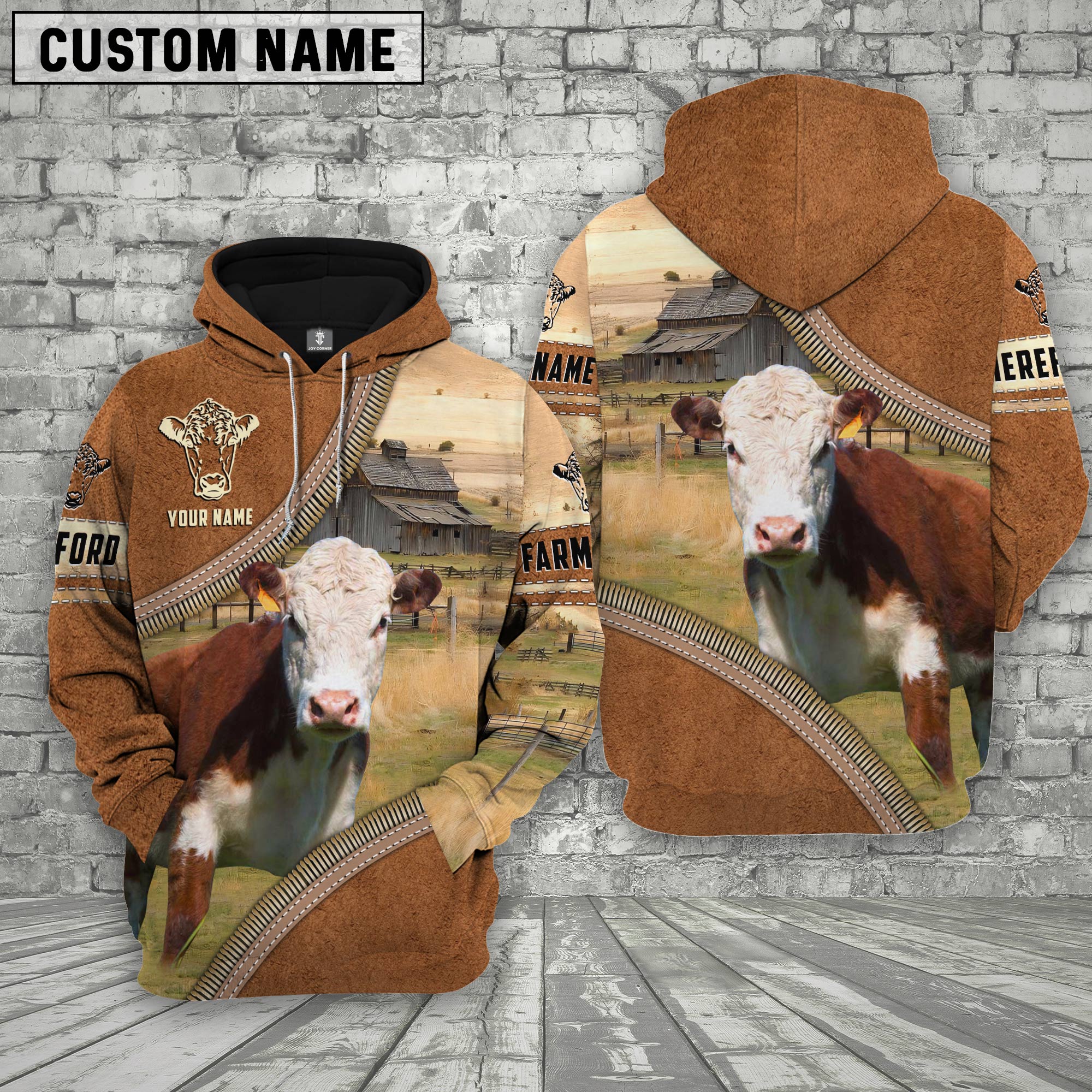 Personalized Name Farm Hereford Cattle Light Brown Hoodie