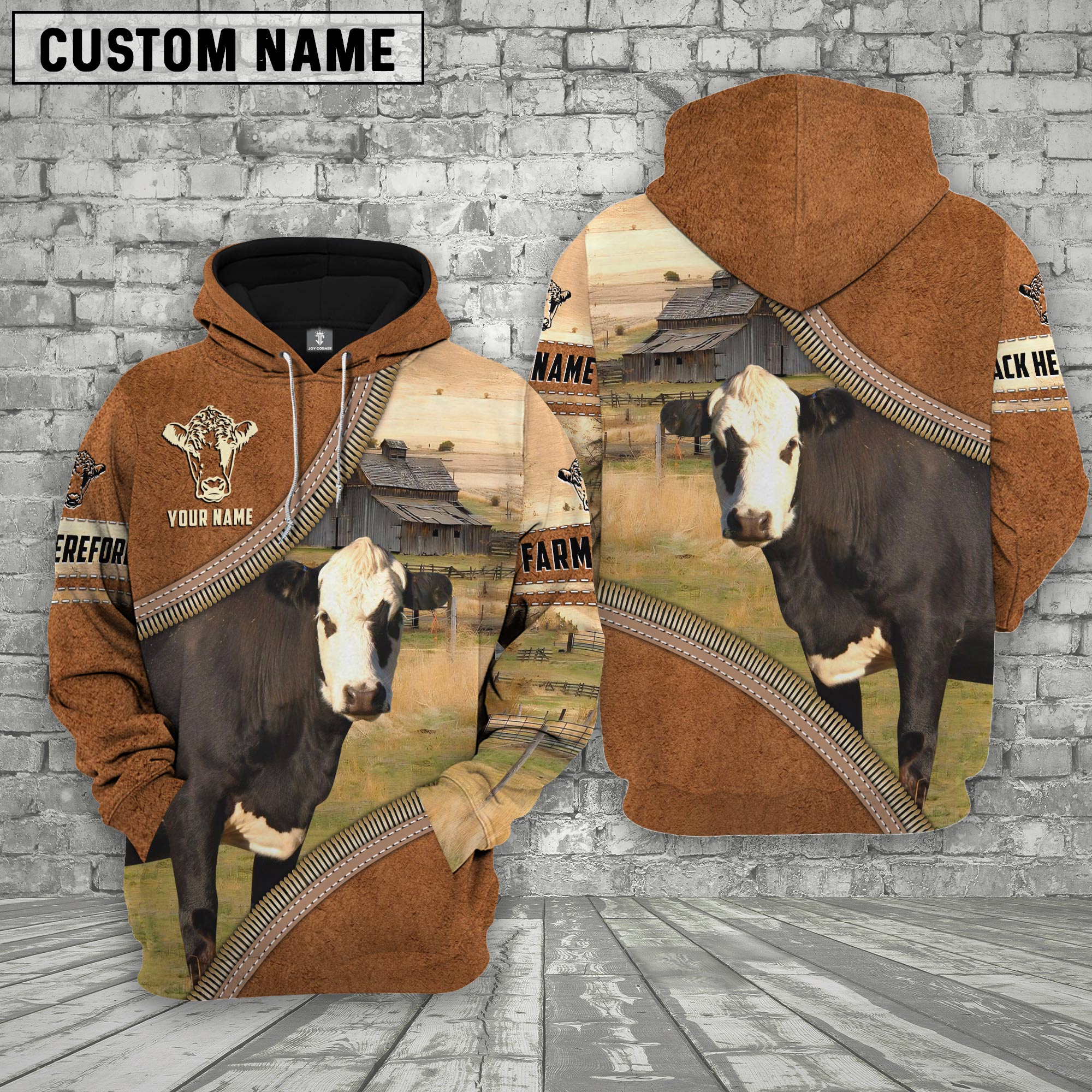 Personalized Name Farm Black Hereford Cattle Light Brown Hoodie