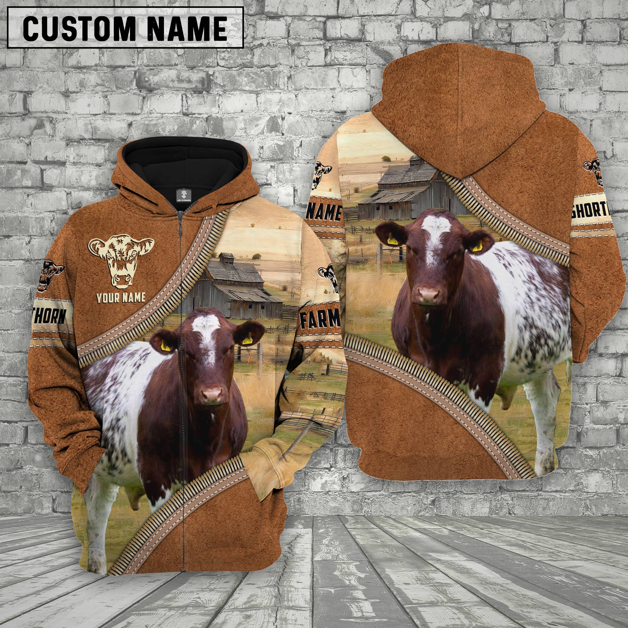 Personalized Name Farm Shorthorn Cattle Light Brown Hoodie