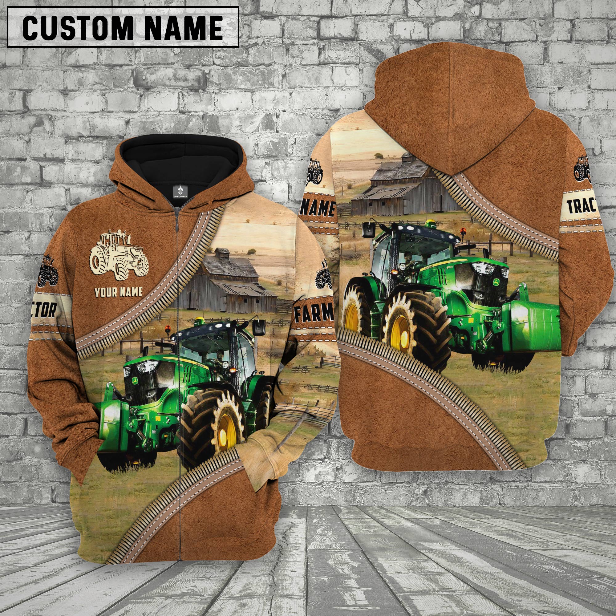 Personalized Name Farm Tractor Light Brown Hoodie