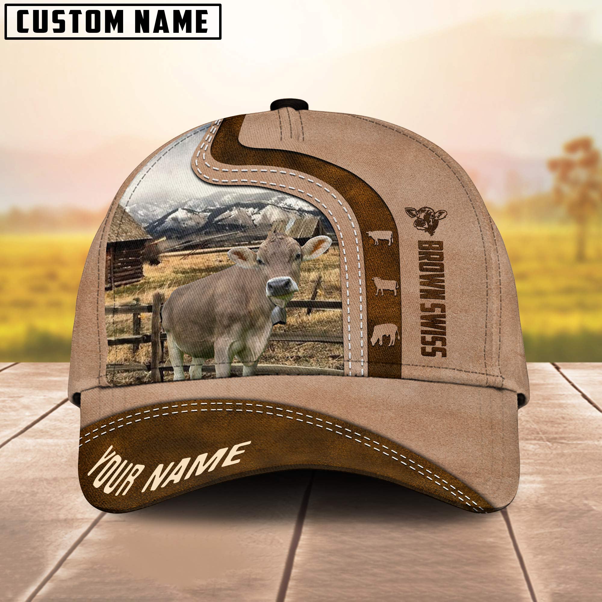 Custom Name Brown Swiss Cattle Light Brown Cap