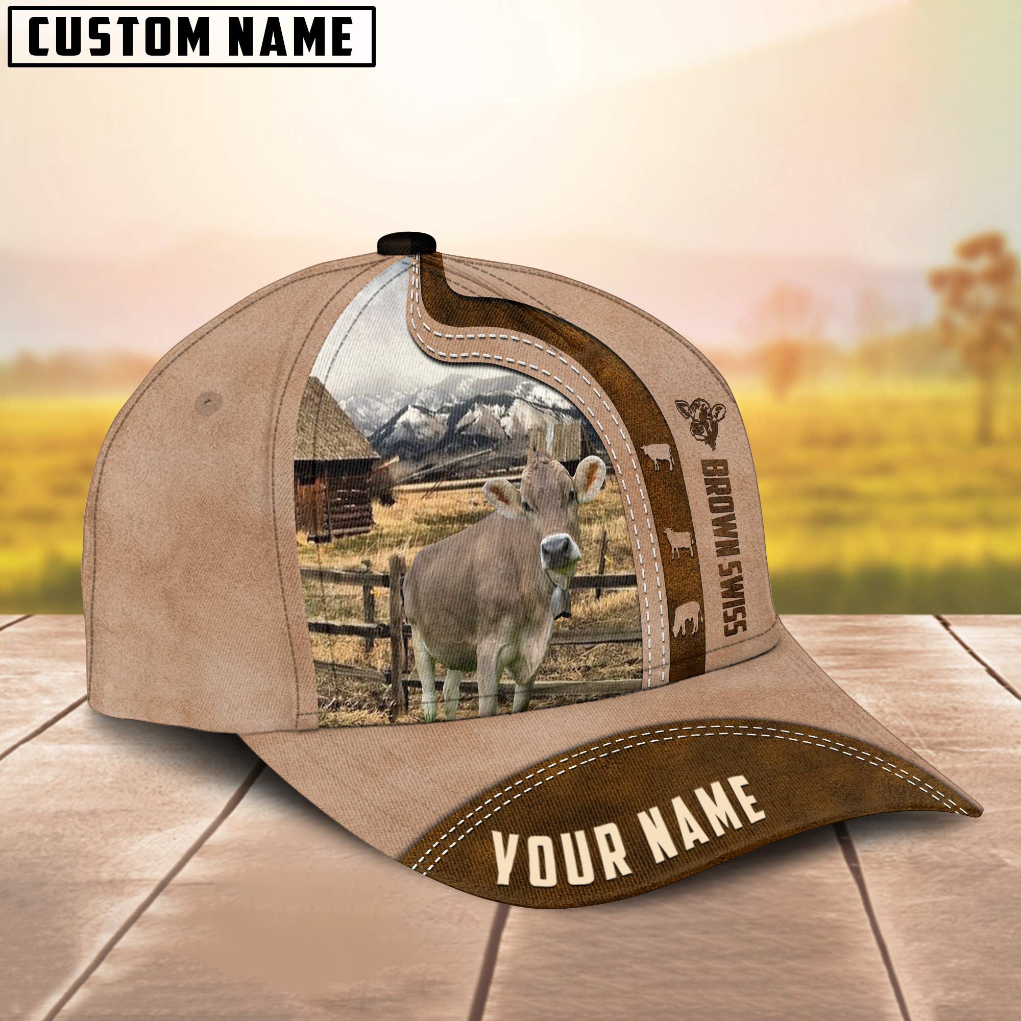 Custom Name Brown Swiss Cattle Light Brown Cap