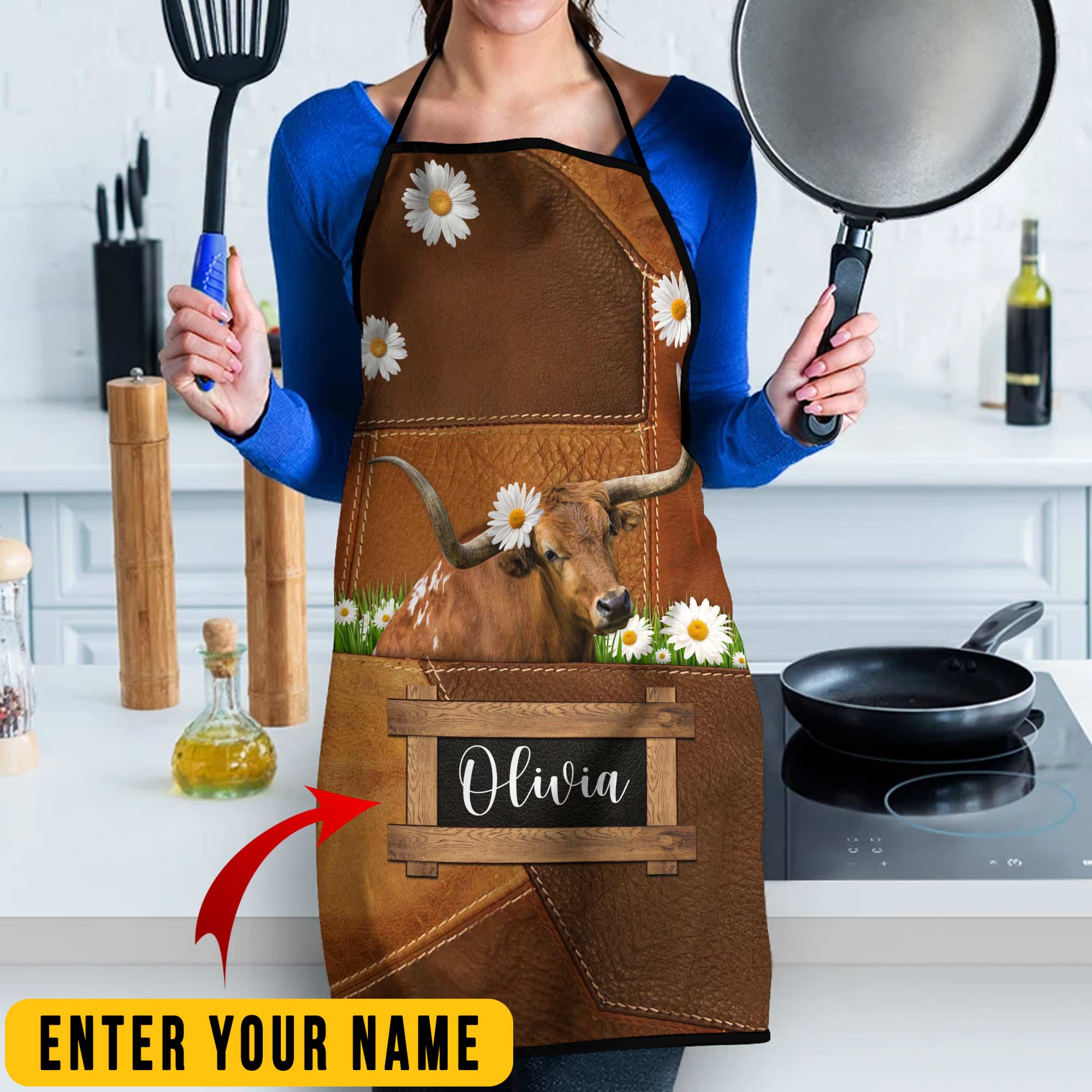 Personalized Name TX Longhorn Cattle All Over Printed 3D Apron