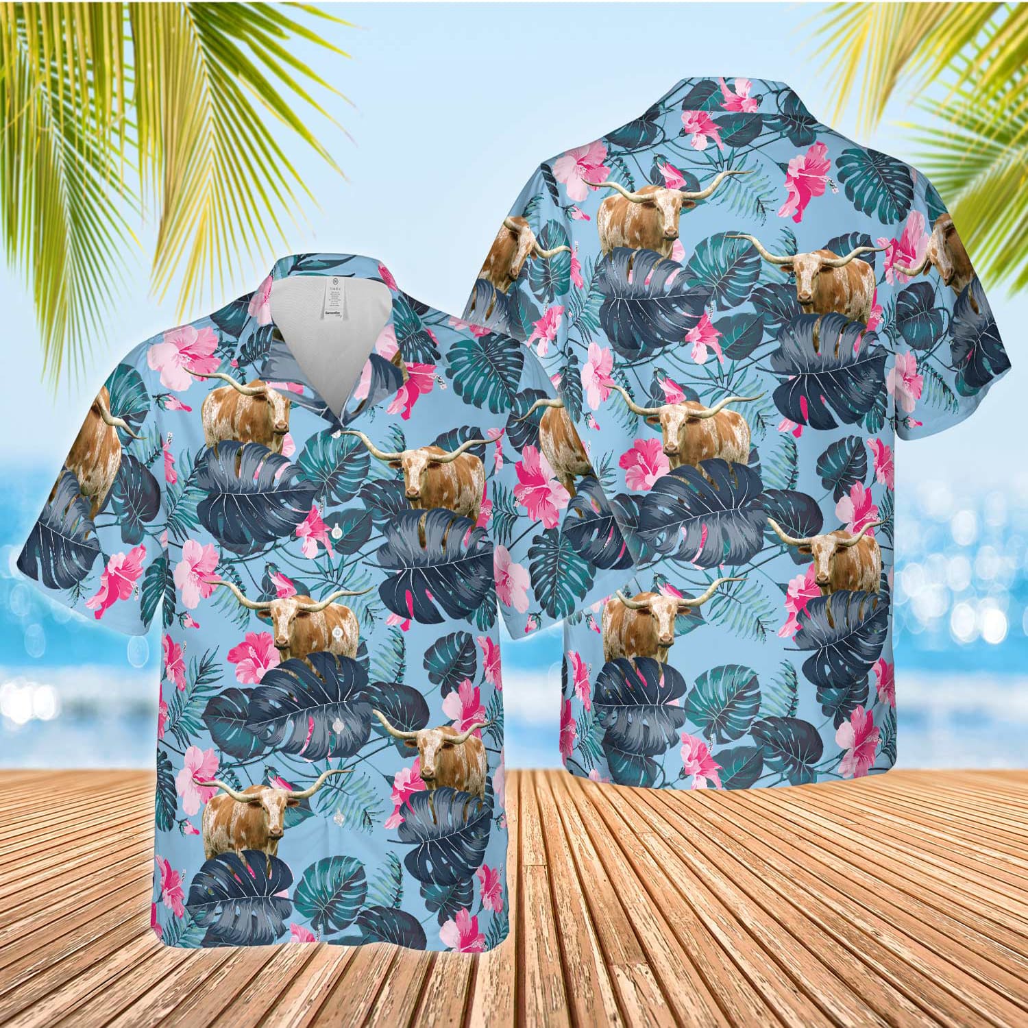 Unique TX Longhorn Blue Hibiscus Hawaiian Shirt