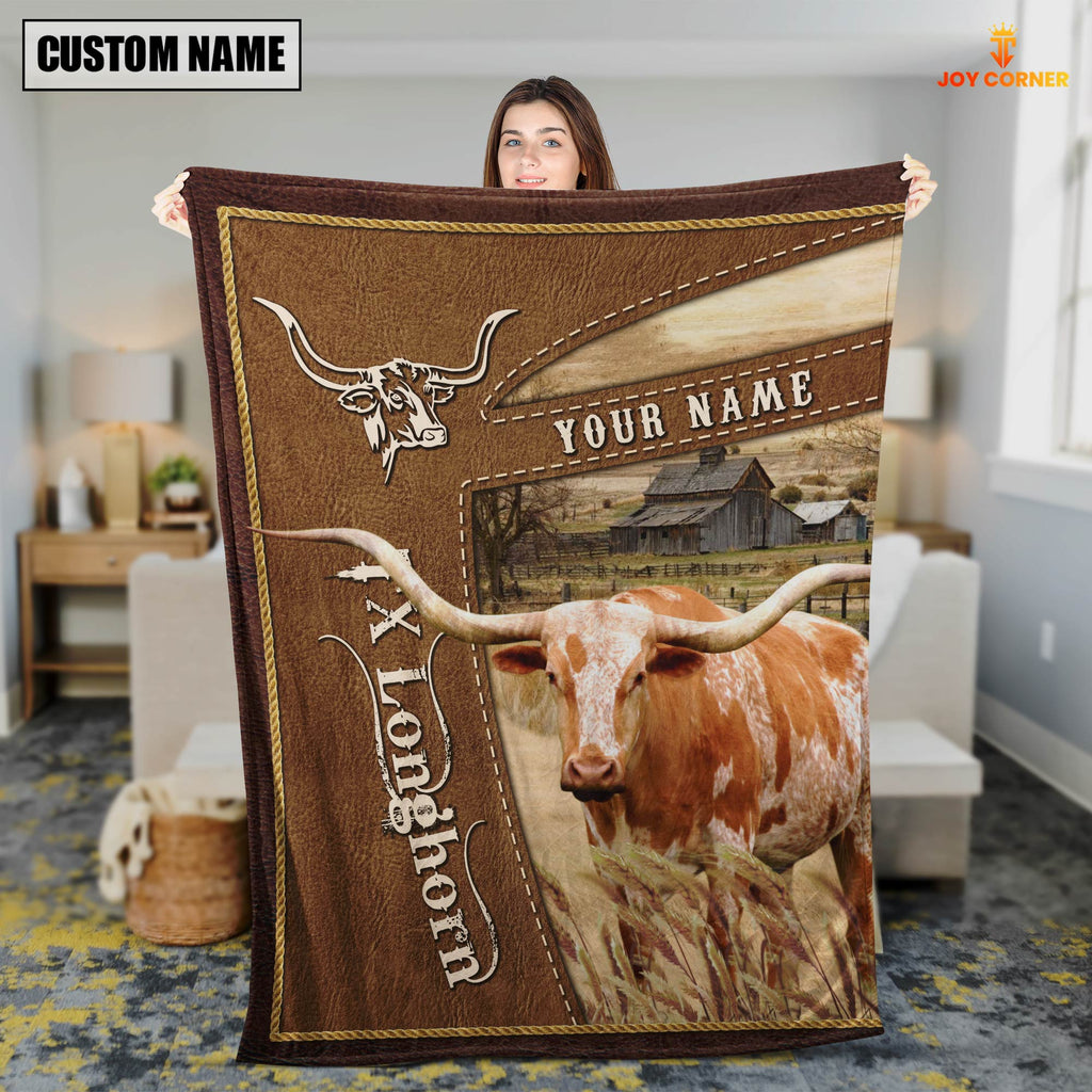 Personalized Name Texas Longhorn Farm Leather Brown Blanket