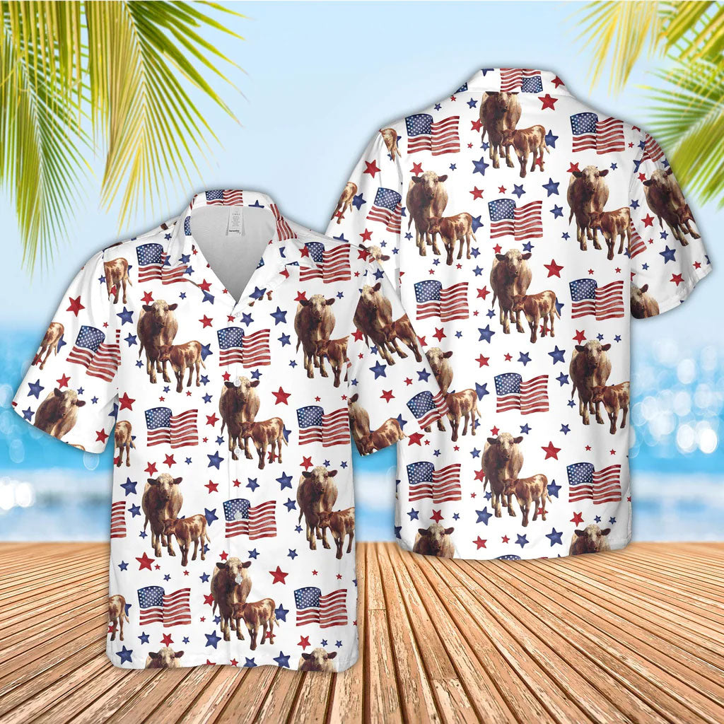 Unique Shorthorn American Flag Pattern Hawaiian Shirt