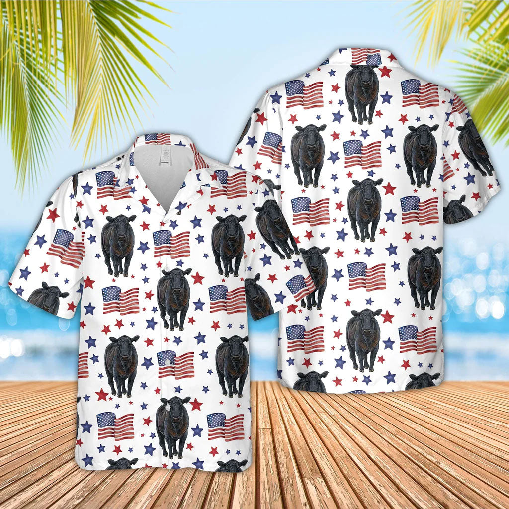Unique Black Angus American Flag Pattern Hawaiian Shirt