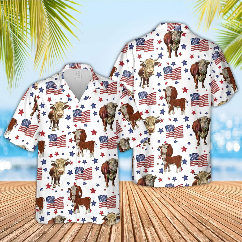 Unique Hereford American Flag Pattern Hawaiian Shirt