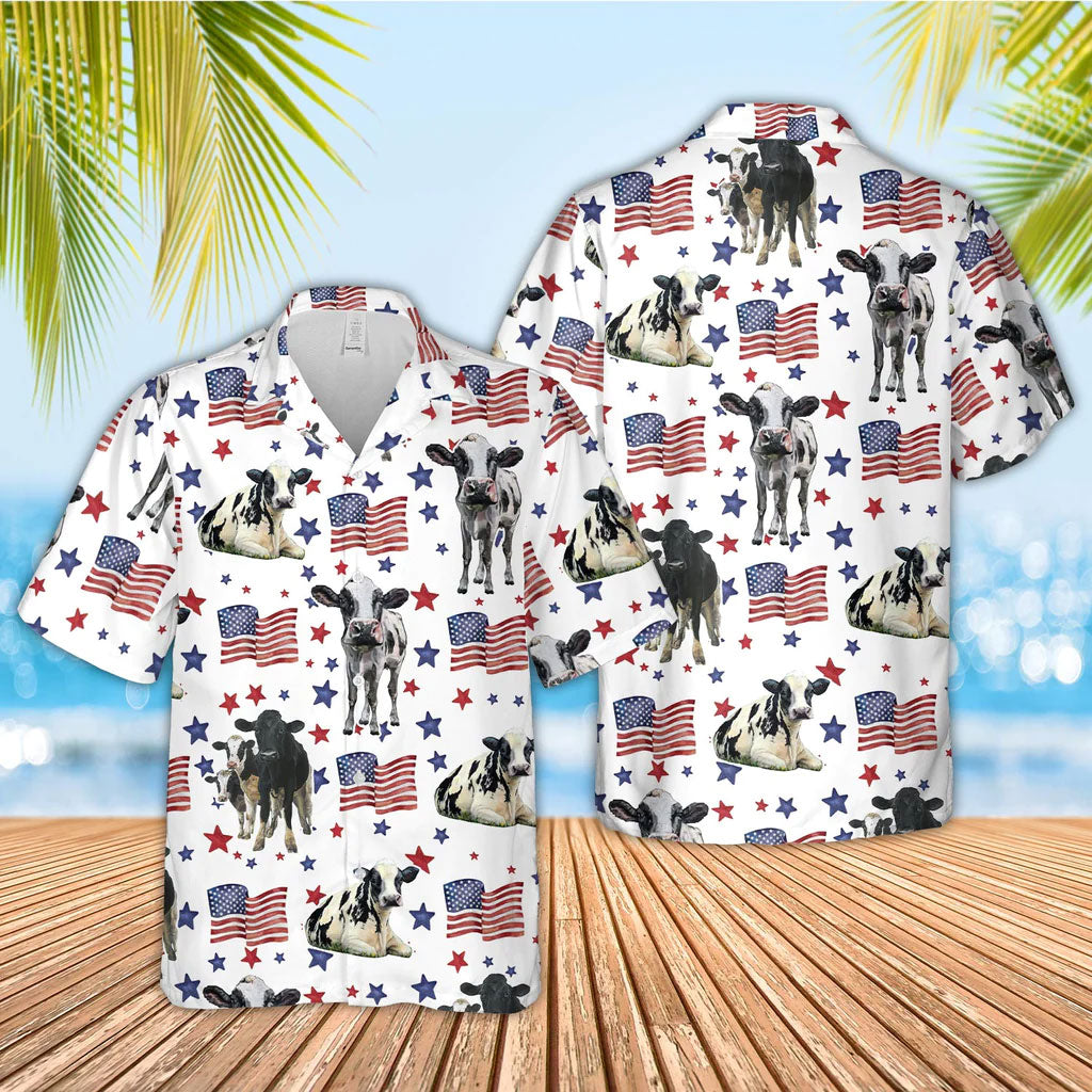 Unique Holstein American Flag Pattern Hawaiian Shirt