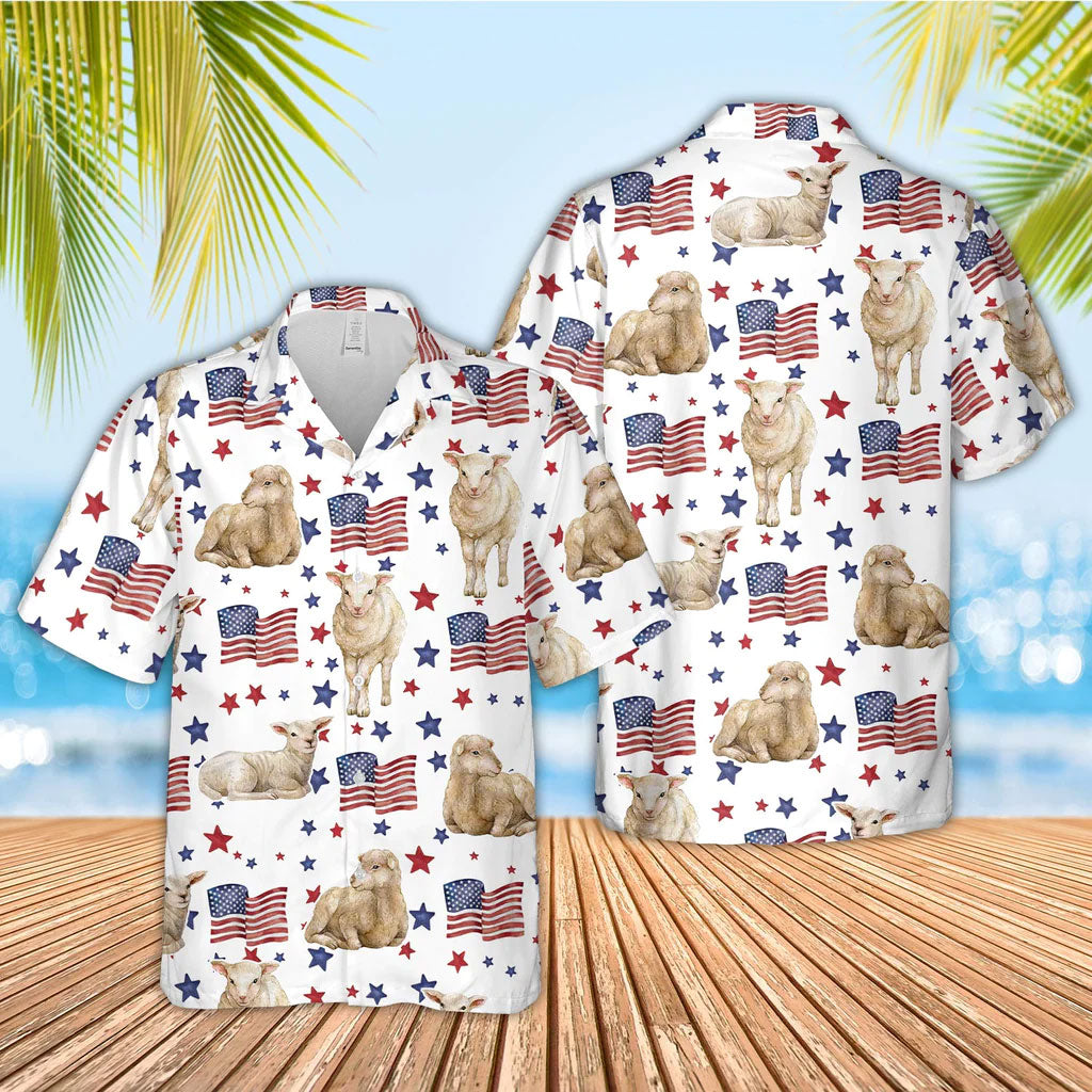 Unique Sheep American Flag Pattern Hawaiian Shirt