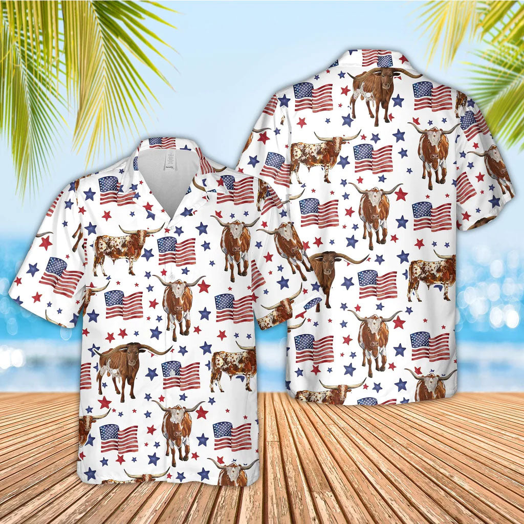 Unique TX Longhorn American Flag Pattern Hawaiian Shirt