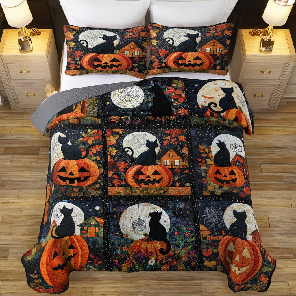 All Season Quilt 3-Piece Set Black Cat Pumpkins Fall Love Peace