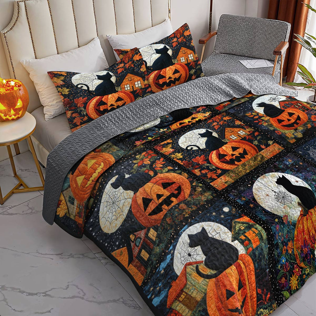 All Season Quilt 3-Piece Set Black Cat Pumpkins Fall Love Peace