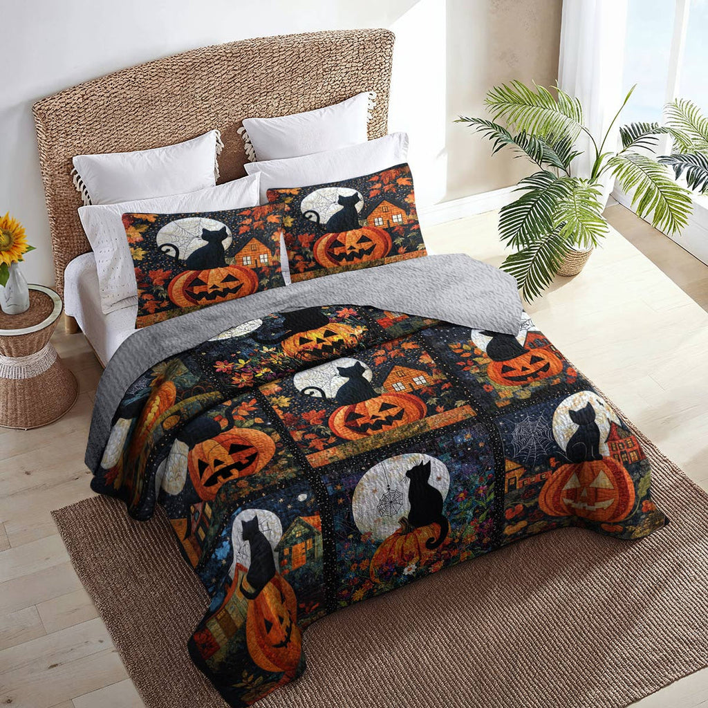 All Season Quilt 3-Piece Set Black Cat Pumpkins Fall Love Peace