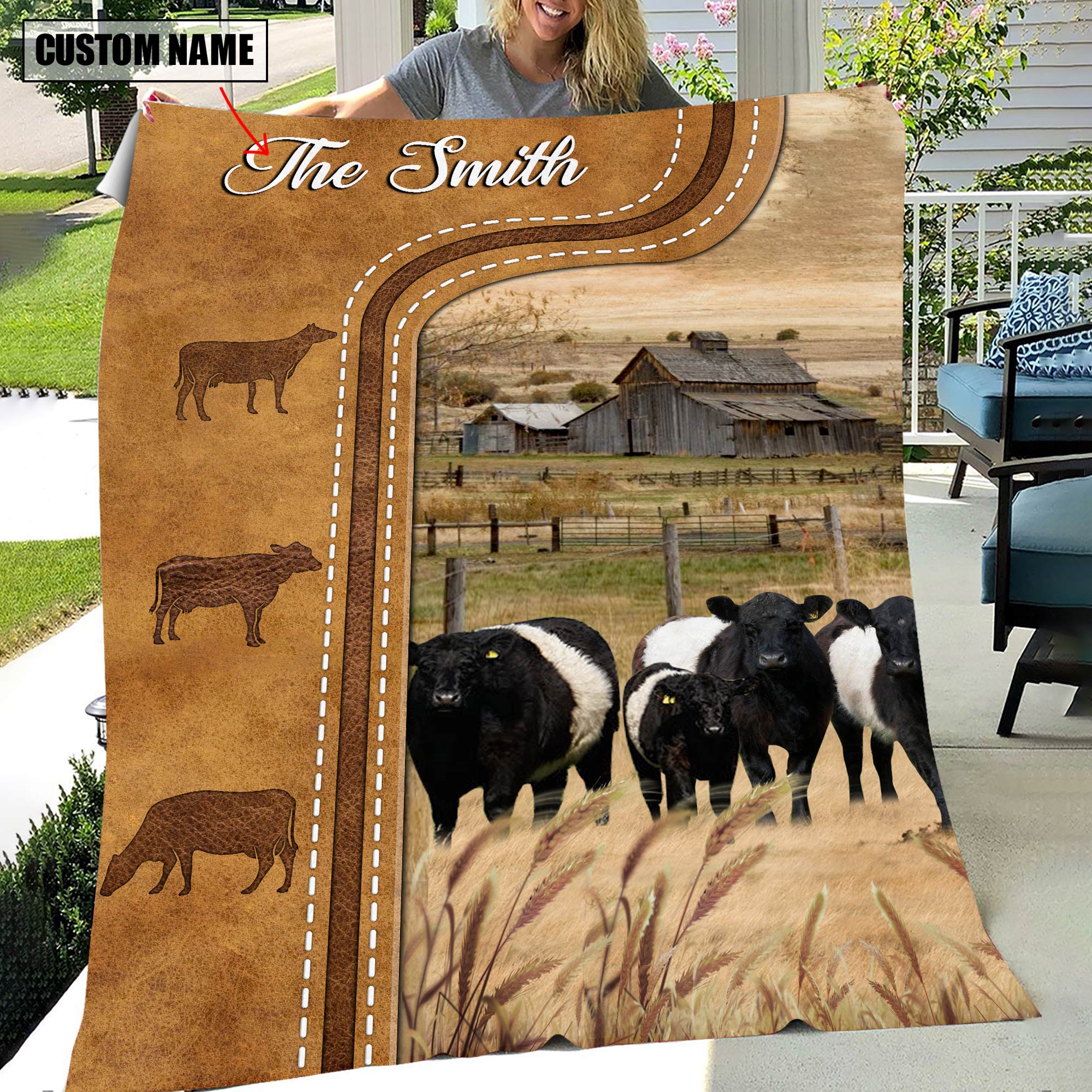 Personalized Name Belted Galloway Cattle In Field Farmhouse Blanket