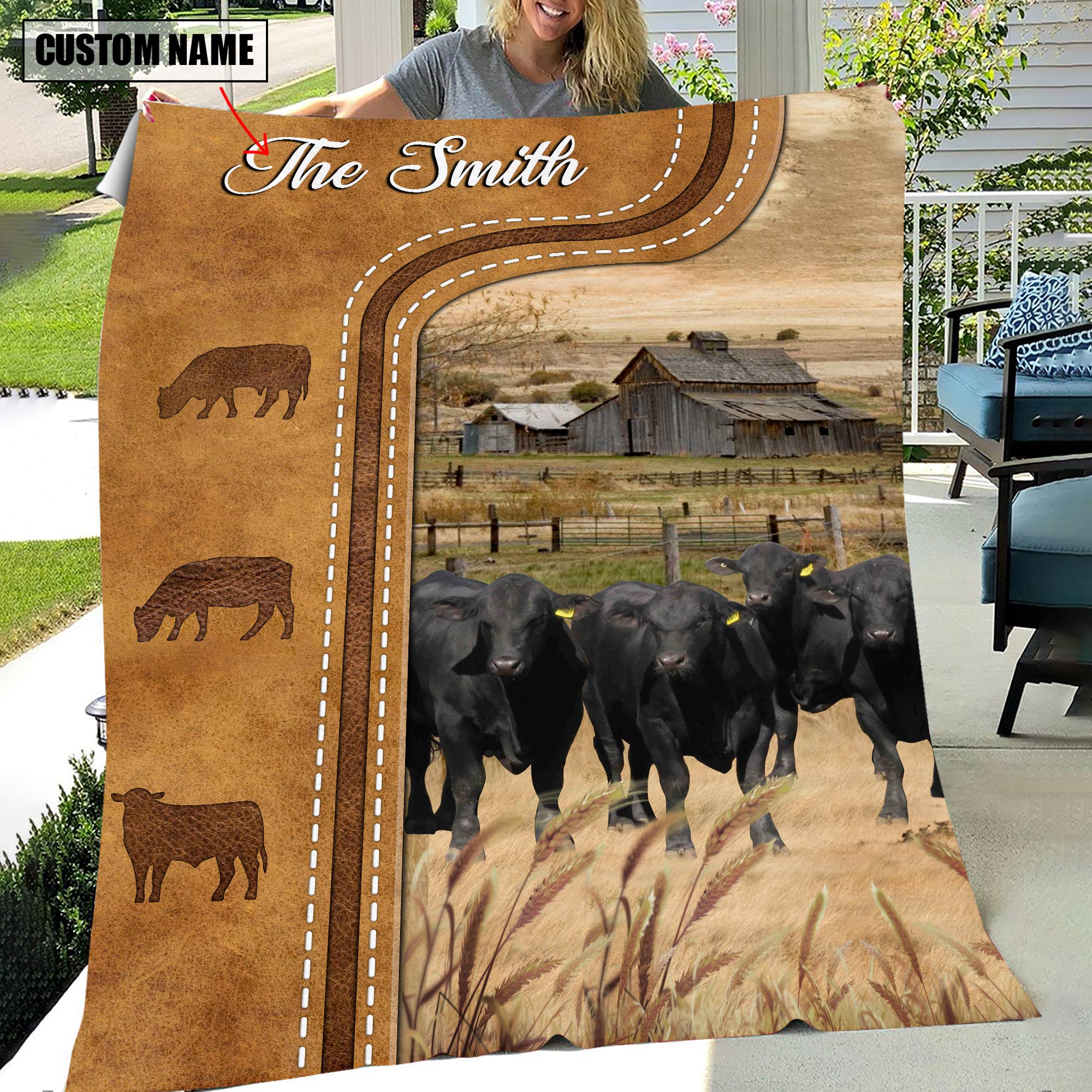 Personalized Brangus Cattle In Field Farmhouse Blanket