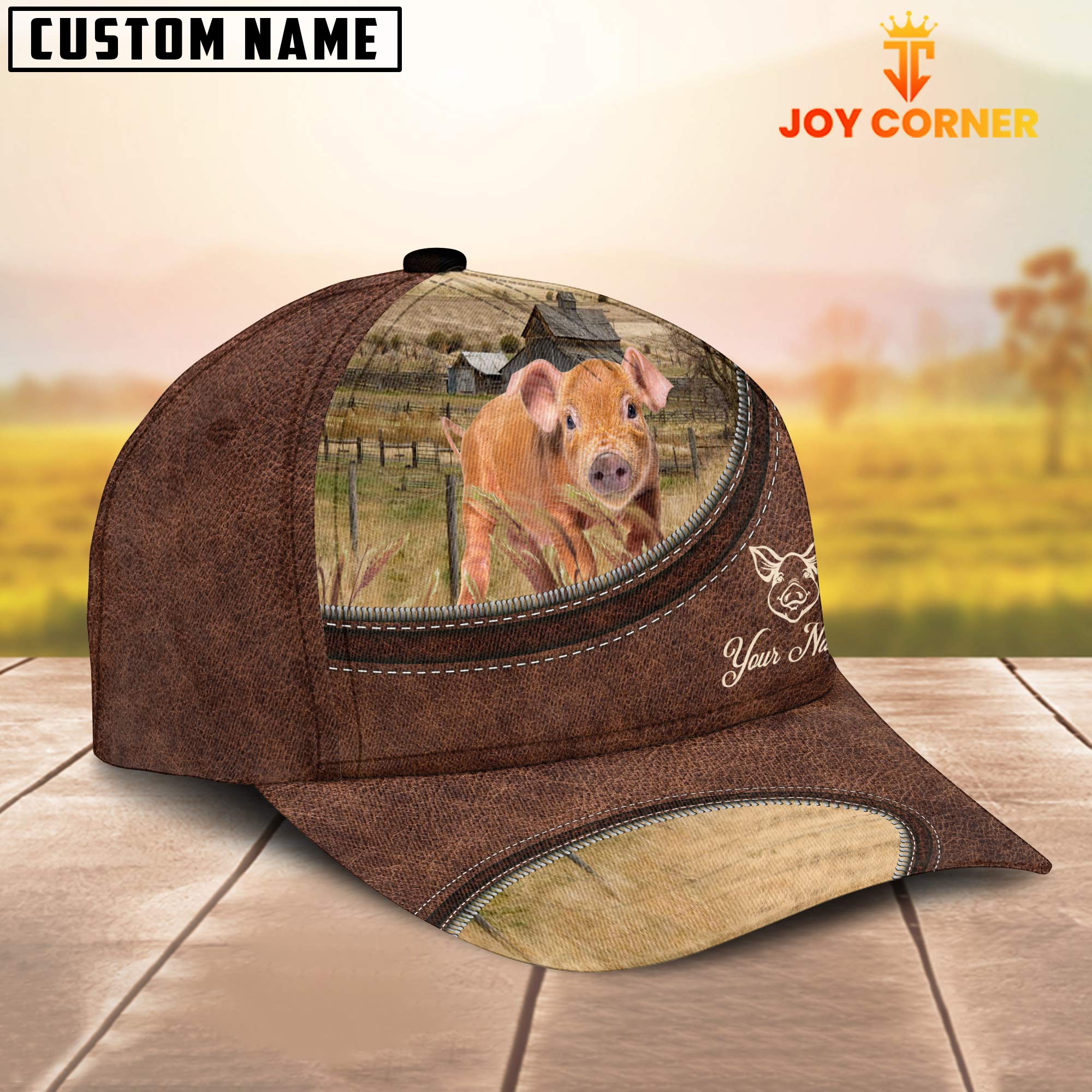 Pig Brownie On The Farm Customized Name Leather Pattern Cap