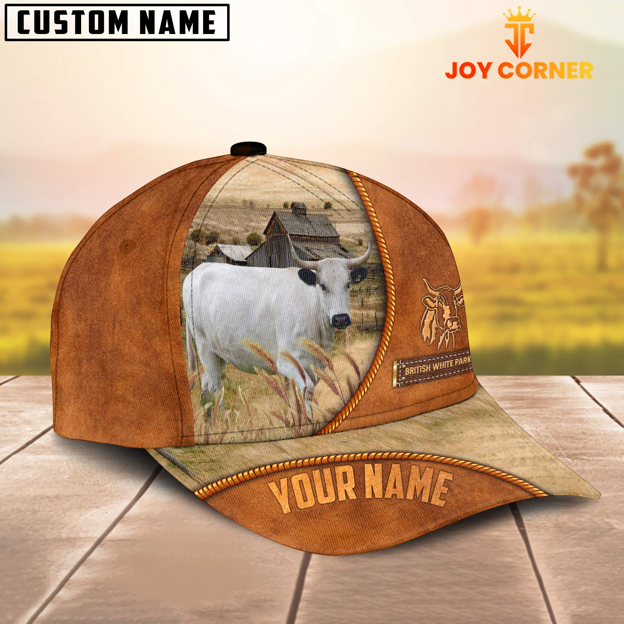 Custom Name British White Park Leather Pattern Cap