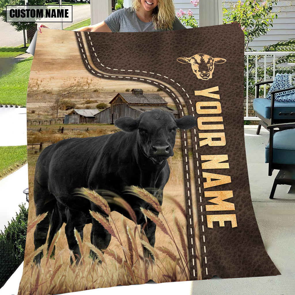 Personalized Name Black Angus Leather Pattern Blanket