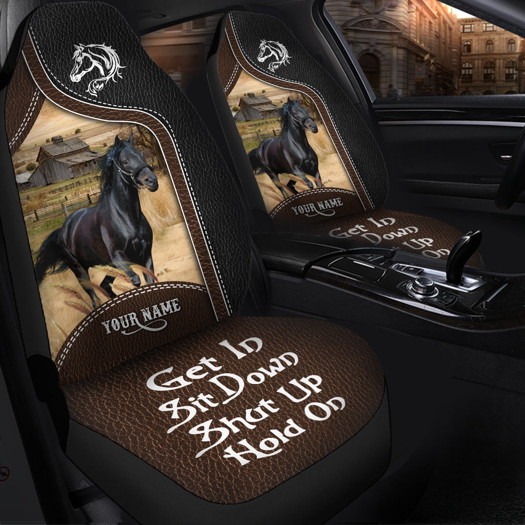 Black Horse Personalized Name Black And Brown Leather Pattern Car Seat Covers Universal Fit (2Pcs)