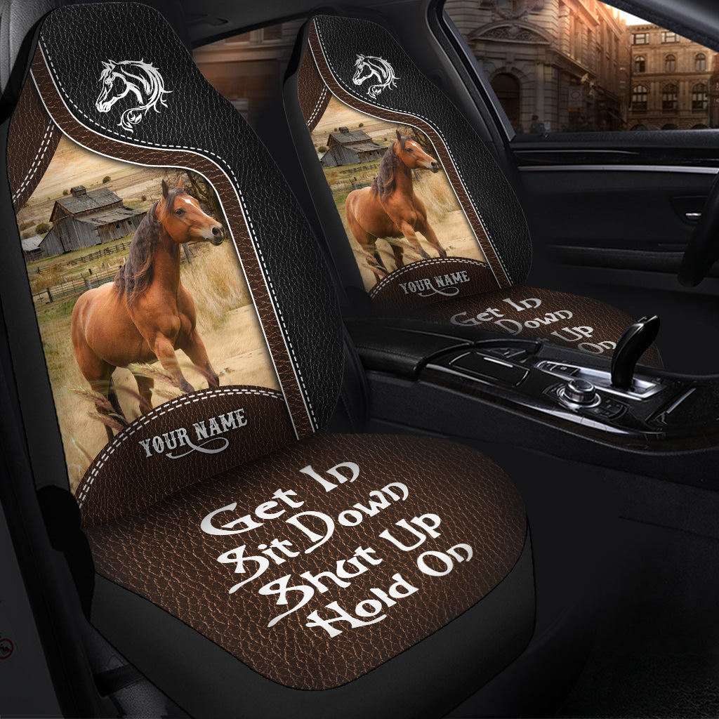 Brown Horse Personalized Name Black And Brown Leather Pattern Car Seat Covers Universal Fit (2Pcs)