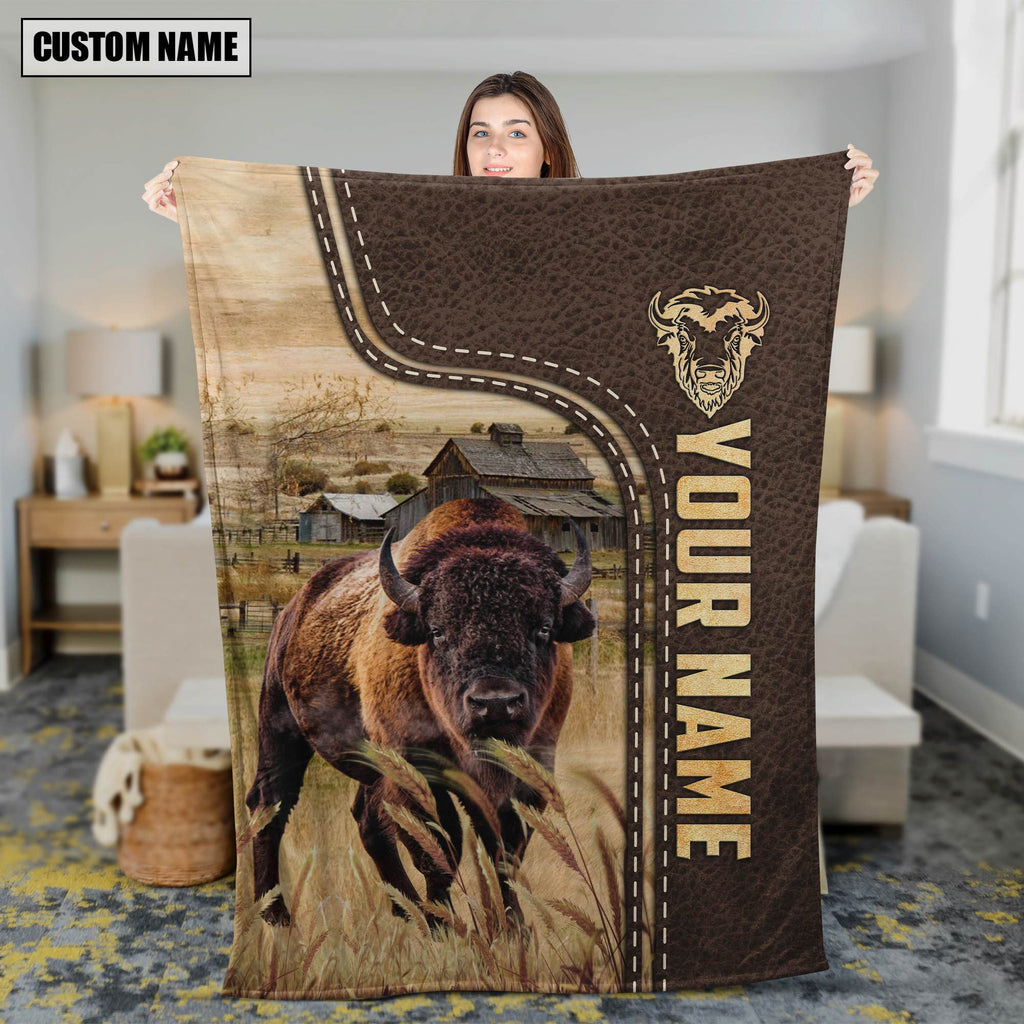 Personalized Name Bison Brown Leather Pattern Blanket