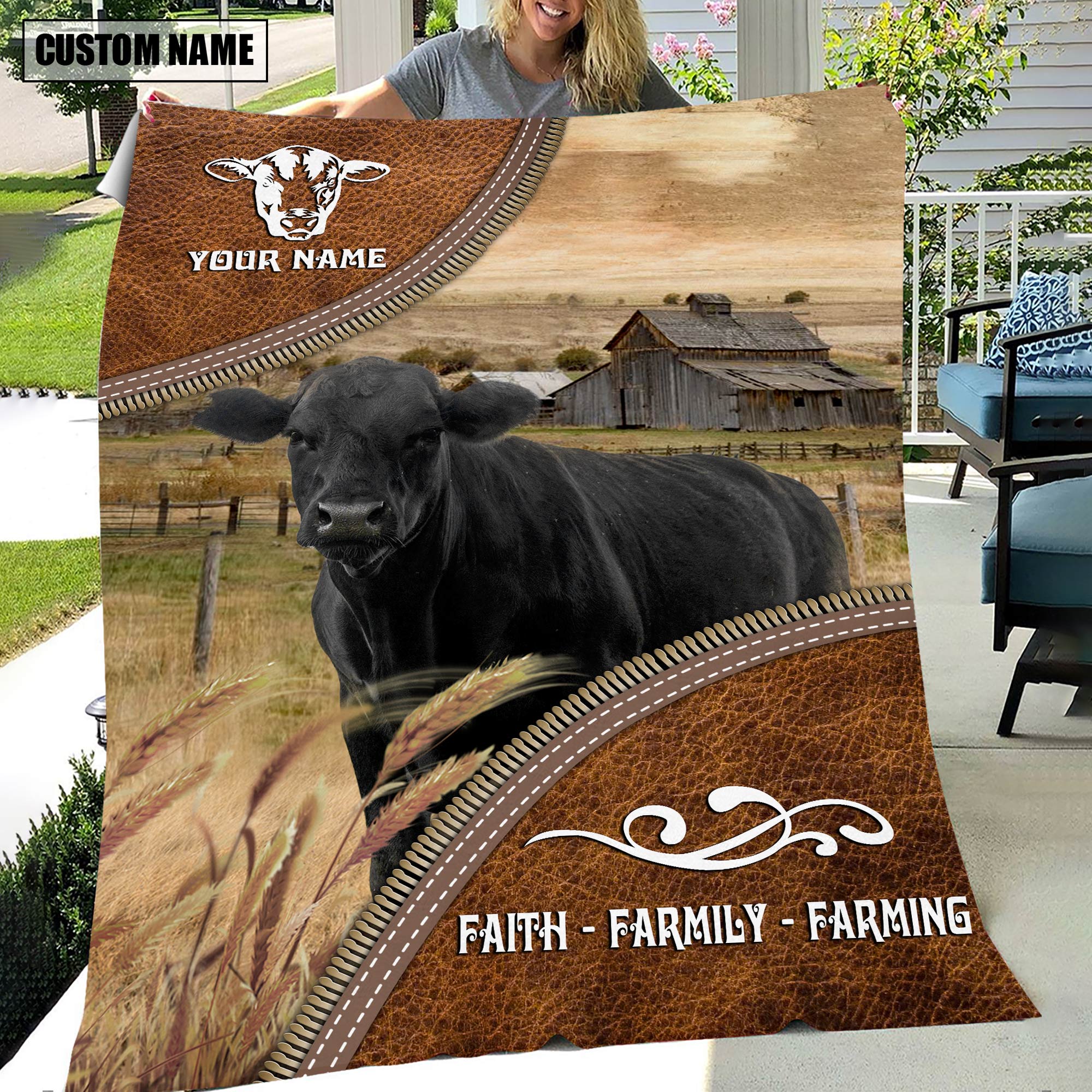 Personalized Name Black Angus Faith Family Farming Blanket