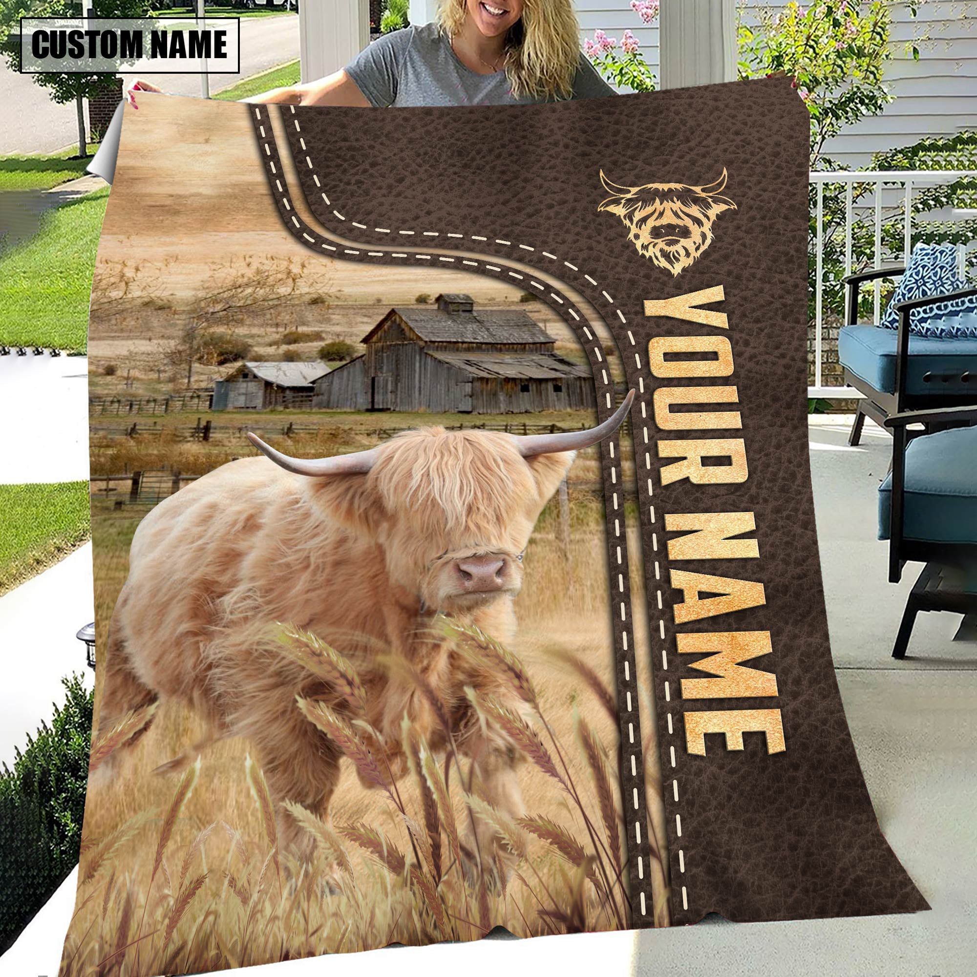 Personalized Name Miniature Highland Leather Pattern Blanket