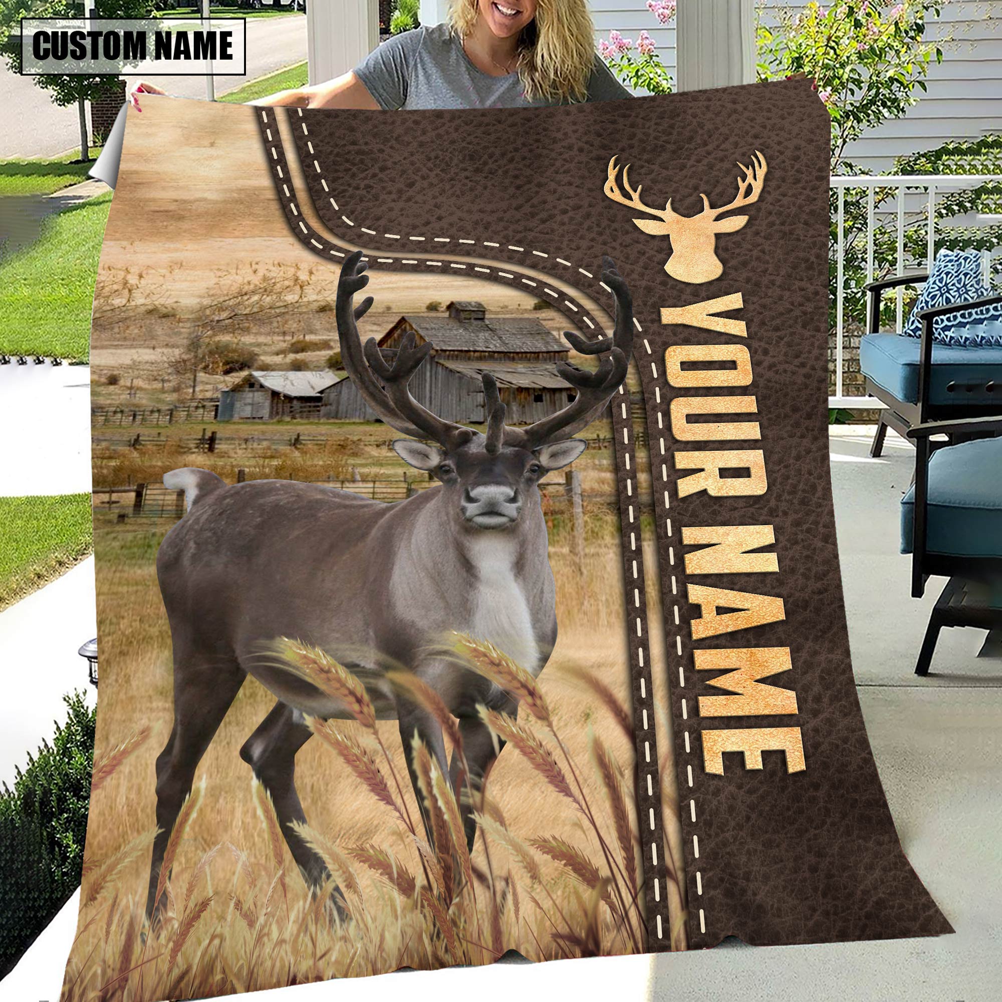 Personalized Name Reindeer Leather Pattern Blanket