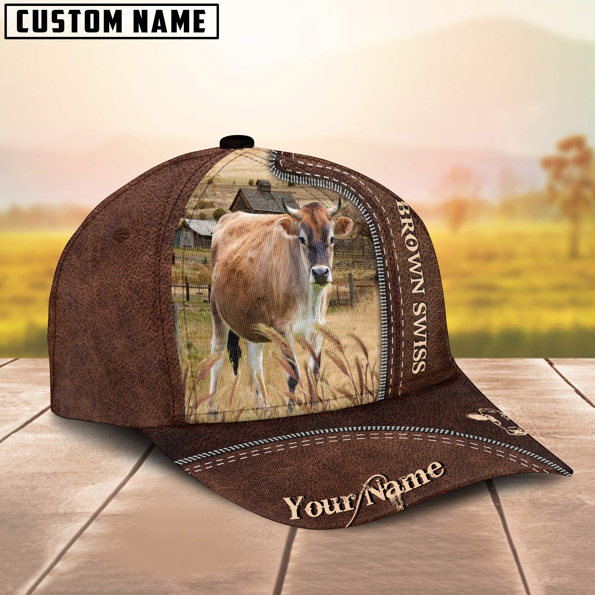 Brown Swiss Customized Name Leather Pattern Cap