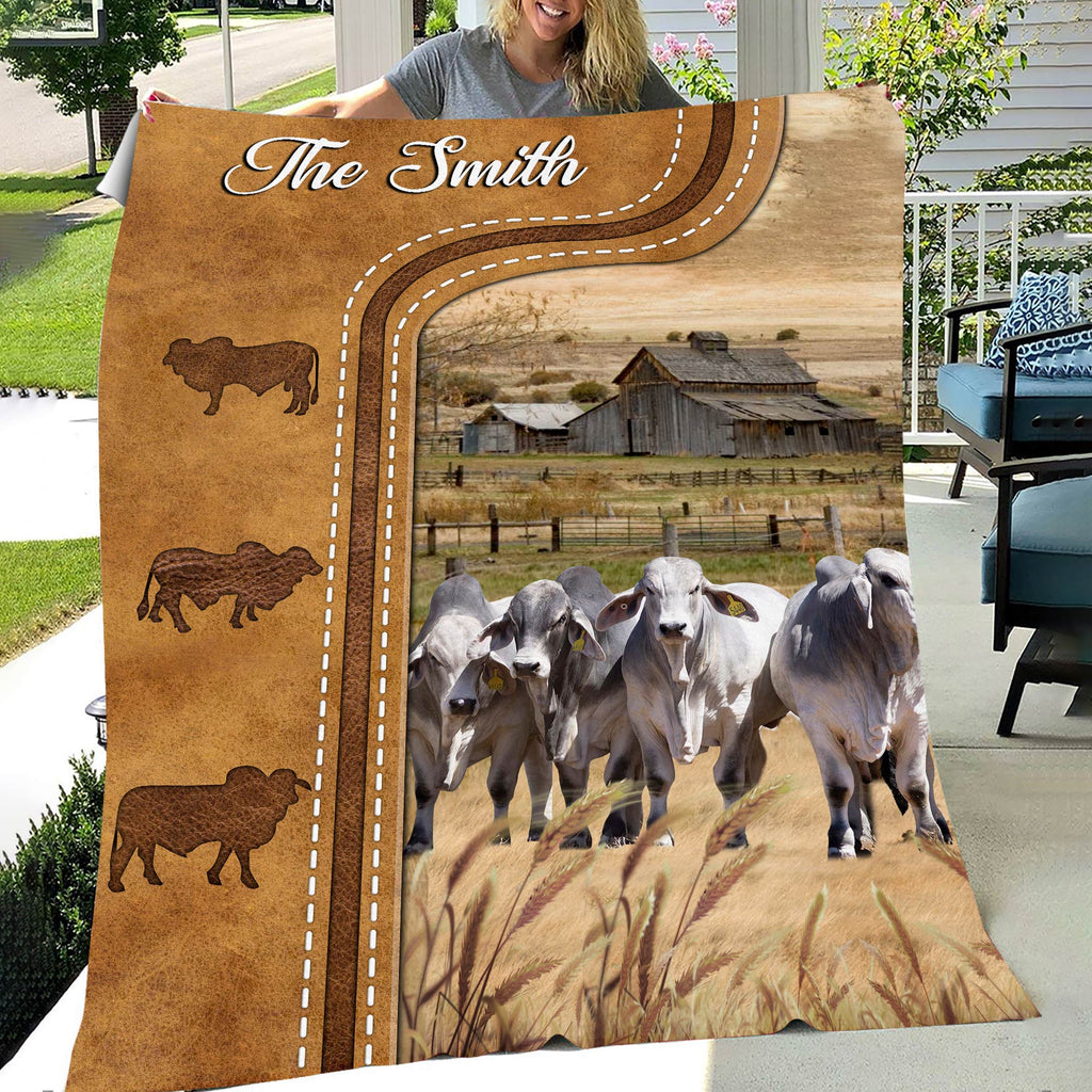 Personalized Brahman Cattle In Field Farmhouse Blanket